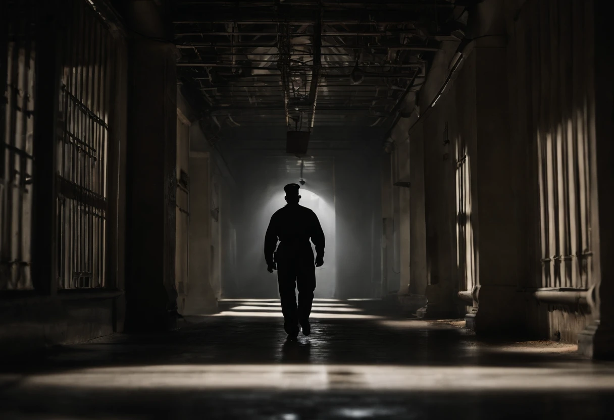 The prison guard walks in the middle of the prison hallway, darkness prison background