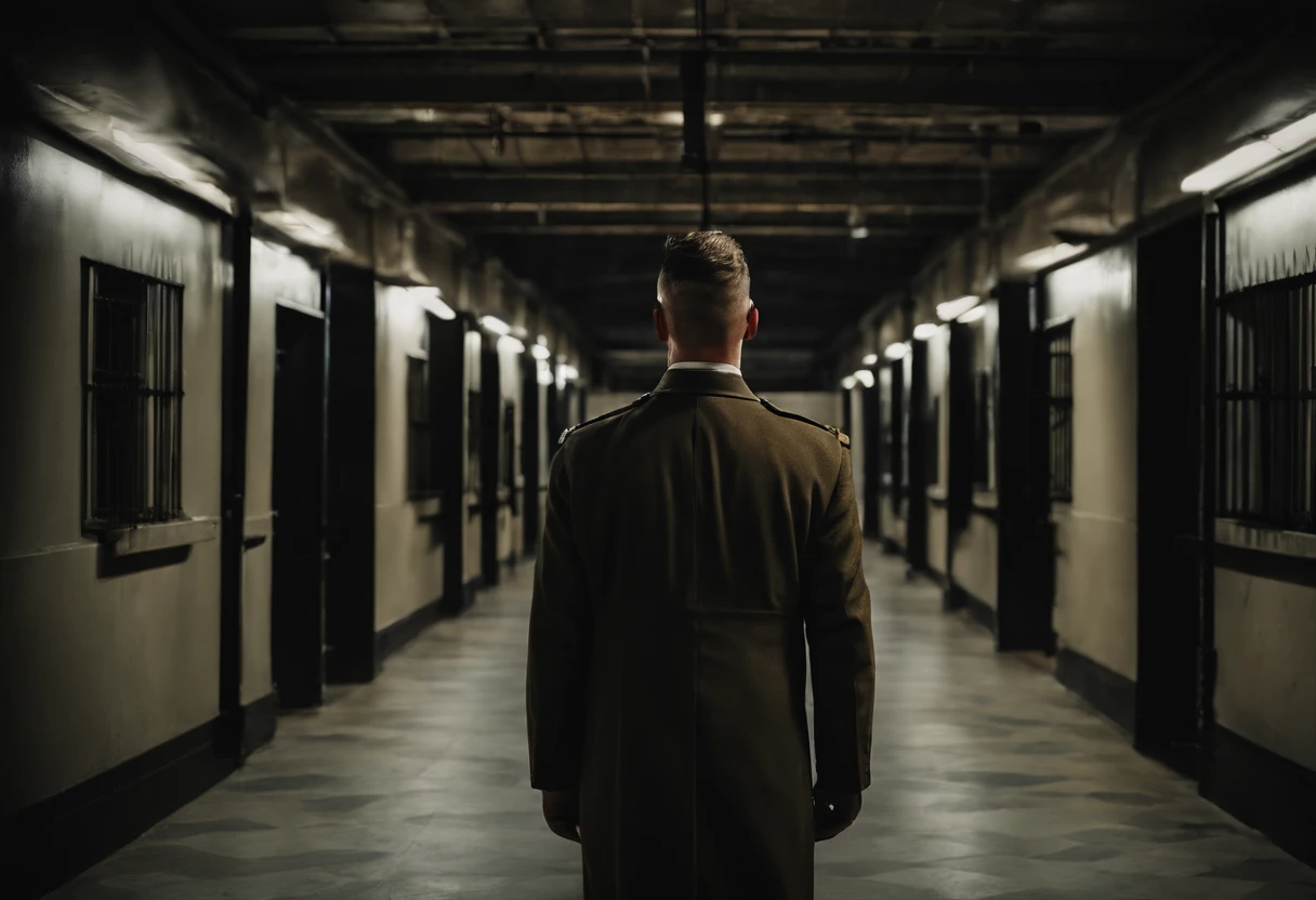 The prison guard walks in the middle of the prison hallway, darkness prison background