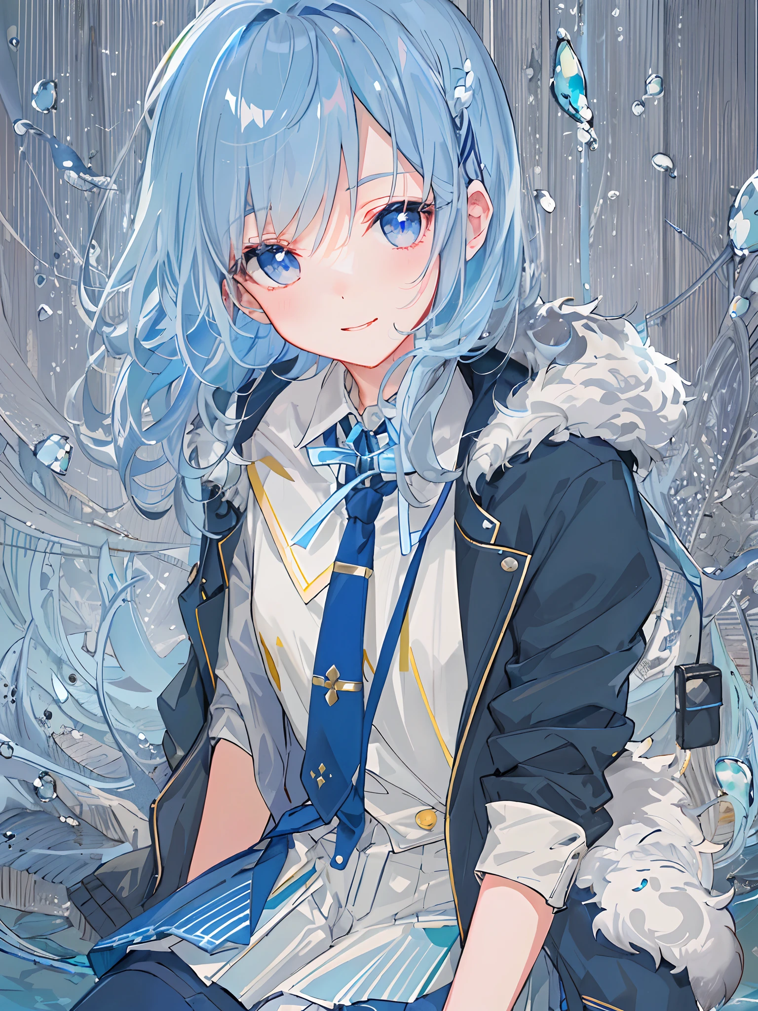 ((top-quality)), ((masterpiece)), ((ultra-detailliert)), (Extremely delicate and beautiful), girl with, 独奏, cold attitude,((Black jacket)),She is very(relax)with the(Settled down)Looks,A dark-haired, depth of fields,Evil smile,Bubble, under the water, Air bubble,bright light blue eyes,inner color with bright gray hair and light blue tips,,,,,,,Cold background,Bob Hair - Linear Art, shortpants、knee high socks、White uniform like school uniform、Light blue ribbon ties、Clothes are sheer、Hands in pockets、Bright eyes like sapphire,Fronllesse Blue, A small blue light was floating、Upper Eyes、foodie