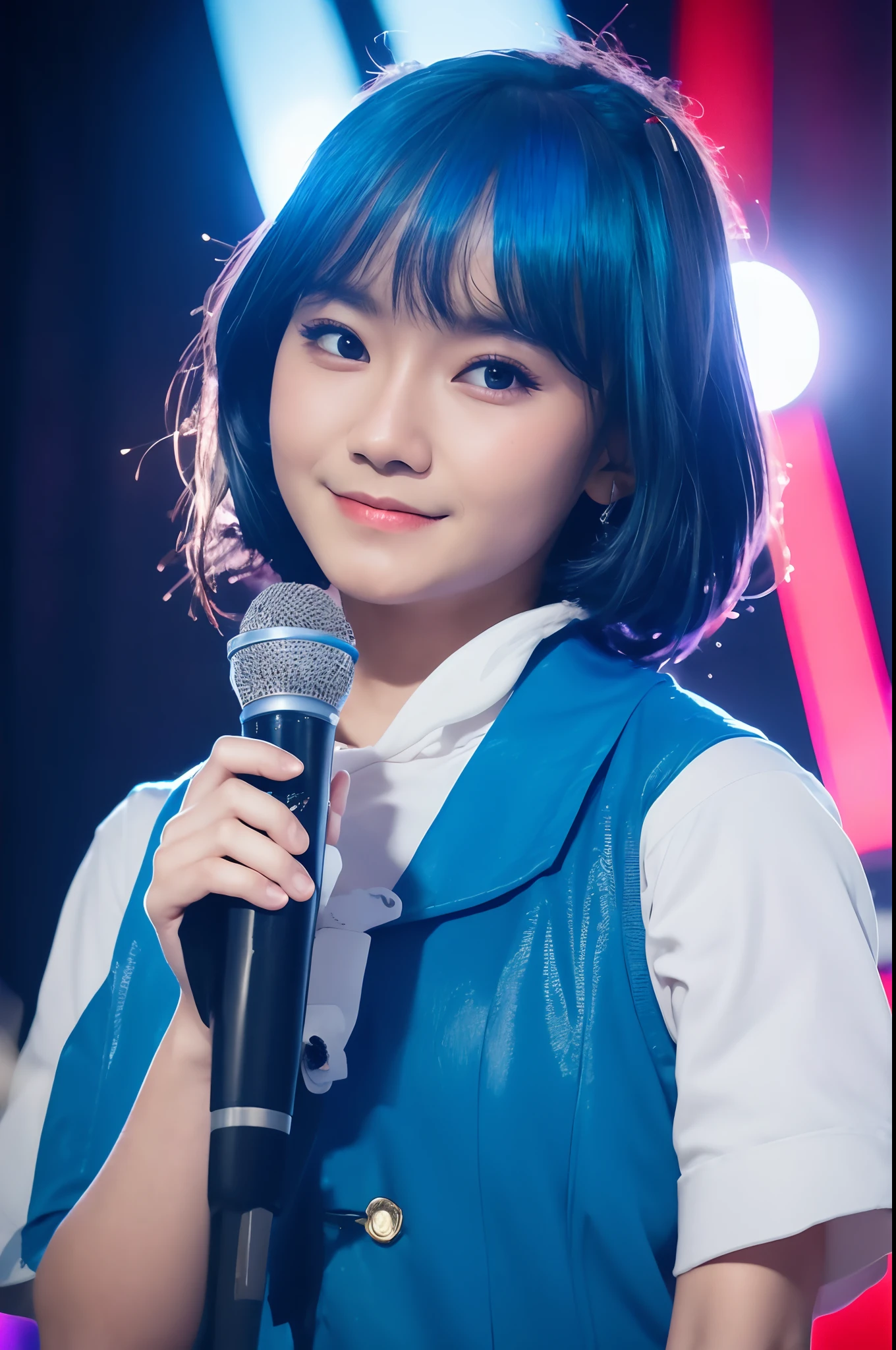 freya from JKT48, idol, indonesian girl, ash blue hair, wearing a blue japanese school unform, in the stage, close up, looking at camera, cinematic, sharp lense, professional photographie, 70mm lense, soft light, colorful background, 4k