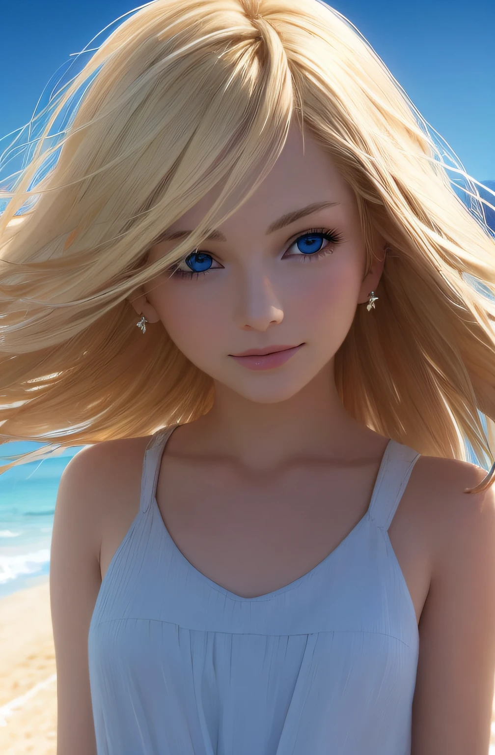 pretty woman, blonde hair blown by the wind, shining blue eyes, realistic, masterpiece, high definition, 4k, beach background, high definition light, small smile, white skin