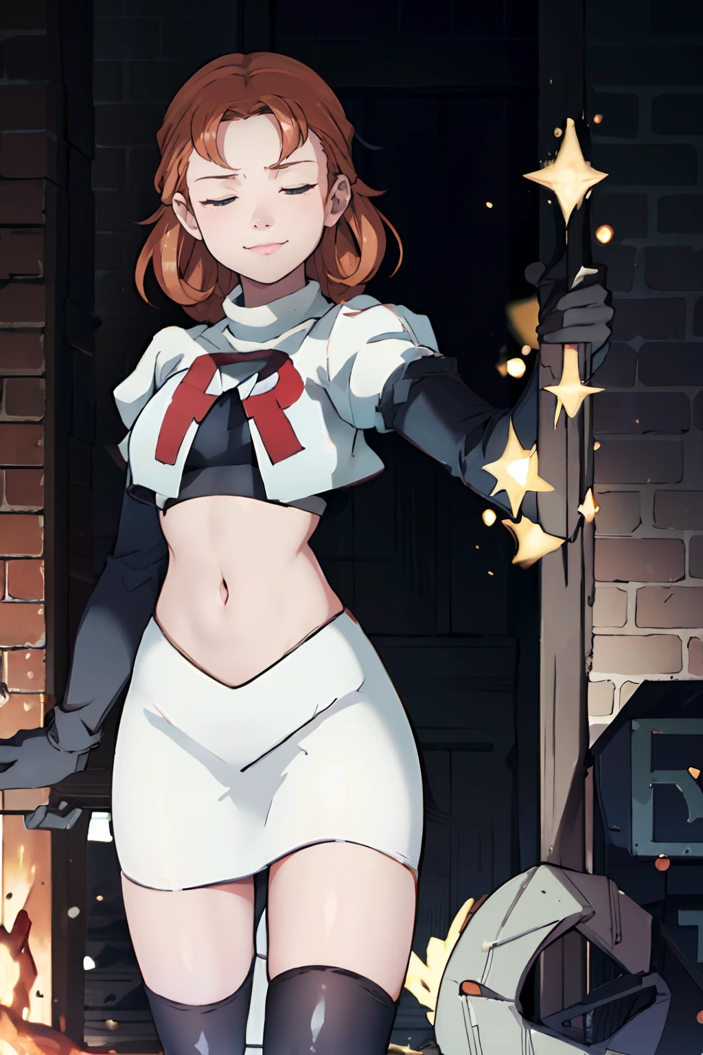 annette_war,  team rocket,team rocket uniform, red letter R, white skirt,white crop top,black thigh-highs,black elbow gloves, one hand on chest the other stretched out, closed eyes, and warm open smile