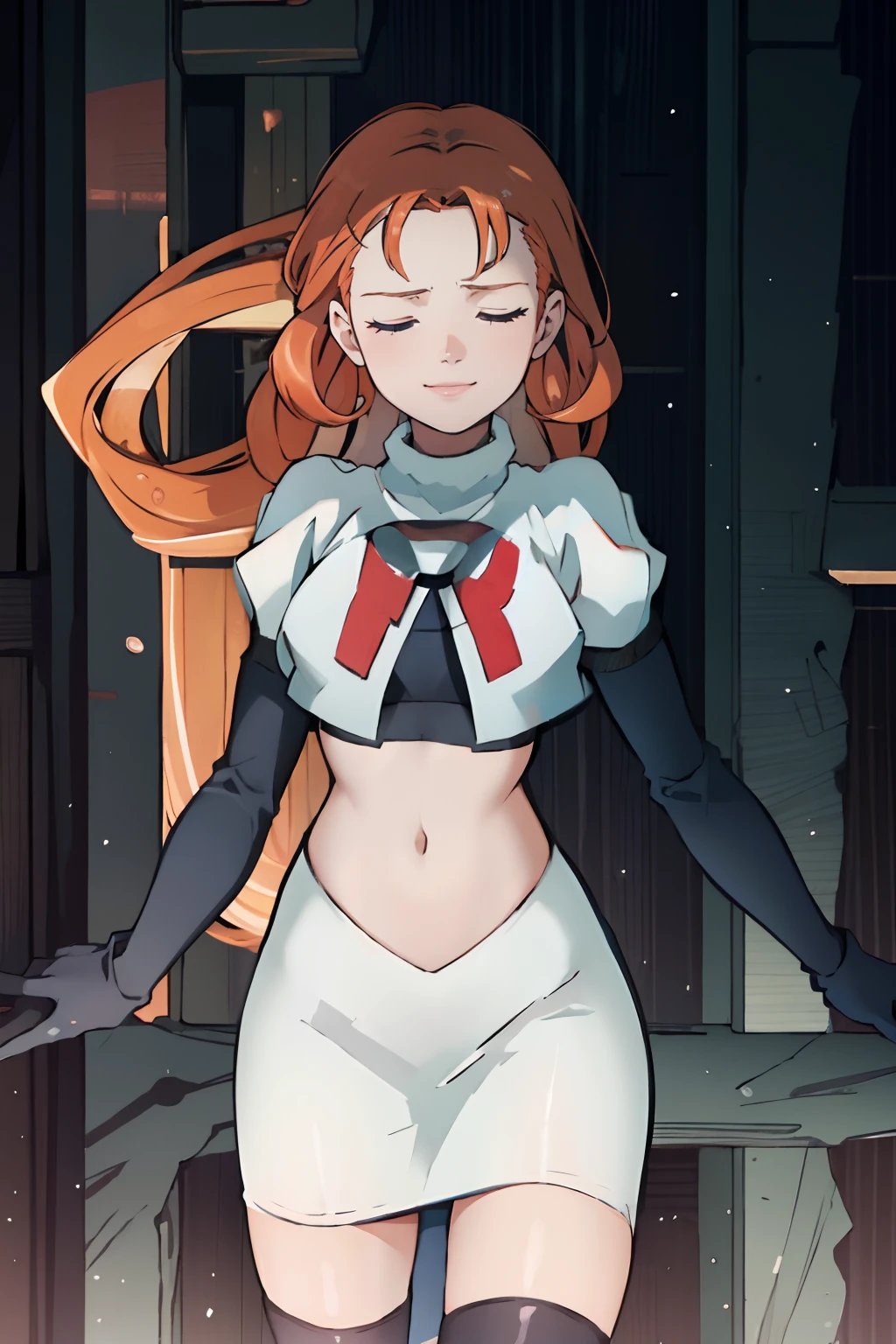 annette_war, team rocket,team rocket uniform, red letter R, white skirt,white crop top,black thigh-highs,black elbow gloves, one hand on chest the other stretched out, closed eyes, and warm open smile