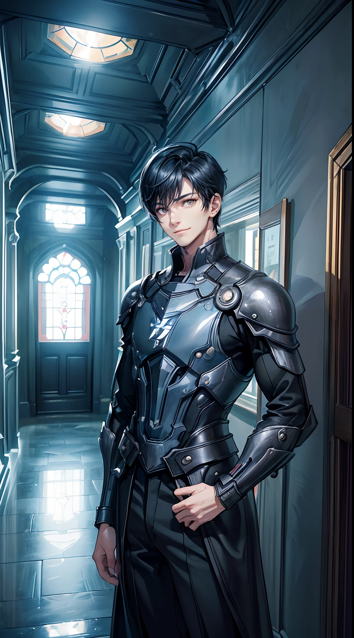 ((4K works))、​masterpiece、(top-quality)、One Beautiful Boy、Slim body、tall、((Attractive British style))、(Detailed beautiful eyes)、((mid night))、In the English corridor、Castle inhabited by villains、Black shop window、Corridor at night、((You can see the starry sky from the window))、((dark sky))、((English corridors))、((Shot in a corridor in England))、mid night、((Short-haired black hair))、((Smaller face))、((Wild face))、((White eyes))、((American adult male))、((Adult male 26 years old))、((Cool Men))、((Like a celebrity))、((Smiling expression))、((Korean Makeup))、((elongated and sharp eyes))、((Happy dating))、((boyish))、((Upper body photography))、Professional Photos、((Shot alone))、((Shot from diagonally in front))、((Shot in close proximity to him))、((Focus zoom in))、((He is standing in the hallway))