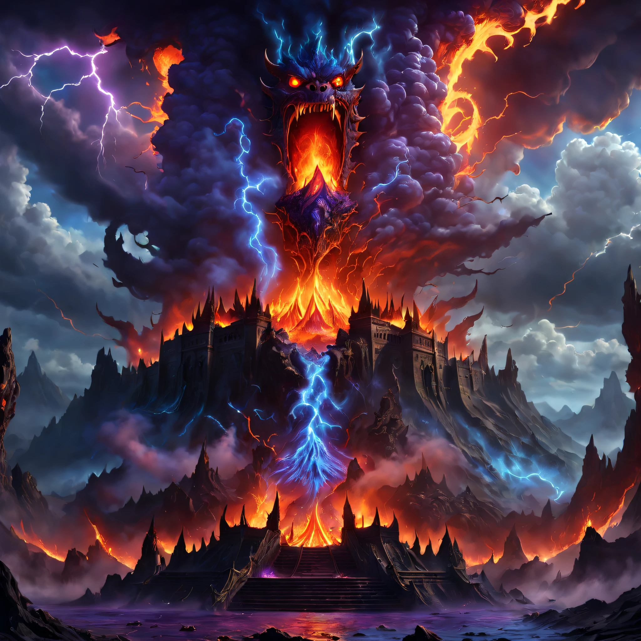 Doomsday landscape,a volcano erupts,Flame sputtering,blasts,molten lava,A devil's face emerged from the smoke,Liquid lava,Fire Palace,Paired with purple and blue, fantasy highly detailed, With gorgeous magic lightning rings, magia, beautiful detailed fantasy, hyper-high detail, , magic fantasy highly detailed, stuning fantasy 3 d render, Inspired by L. Highly detailed aesthetics, hyper-high detail