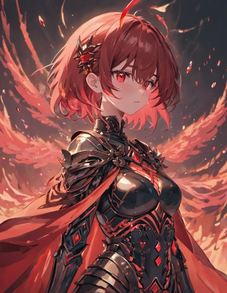 ((Masterpiece)), (illustration), (A high resolution), (((Best quality))), ((Ultra-detailed)), Depth of field, profile, ((Bust Up Shot)), looking at viewert, (1girll), (Solo), Expressionless, ((a beauty girl)), (Beautiful detailed red eyes), (Disheveled hair), Black hair, ((Medium breasts)), hair between eye, Long hair, (complex pattern), ((sharp black armor)), ((Sharp black shoulder armor)), (Gorgeous shoulder armor), (Red shiny rune details on armor), (Red torn cloak), (废墟), Cloud, (Sunset), lighting particle, (breeze), ((embers)), Detailed background, (Surrounded by many beautiful details red crystals), Mountain,