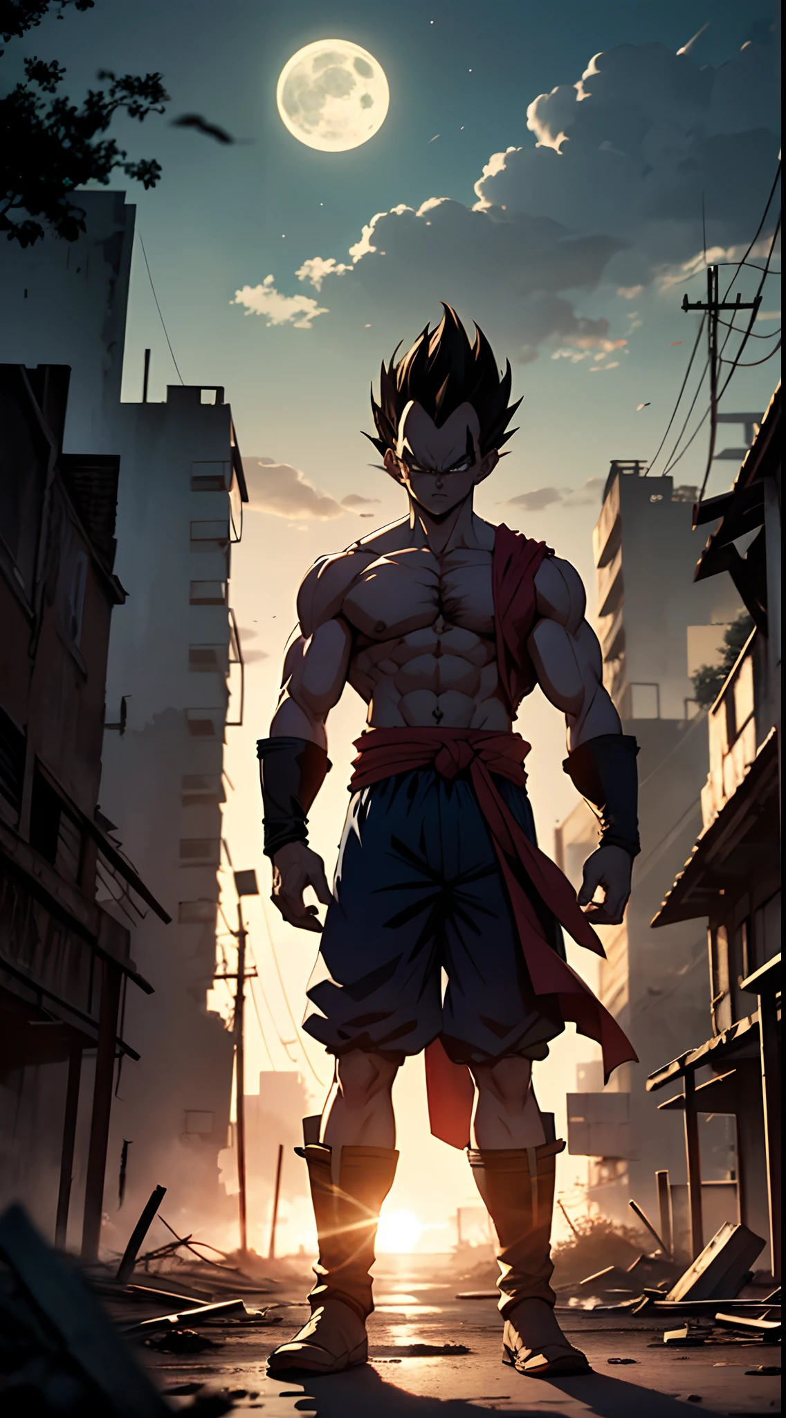 "Witness the raw strength and beauty of Vegeta, the 5, 20 year old super sayagin. His muscles and scars are accentuated by the moonlight as he stands in an abandoned city, a modern man in a hauntingly beautiful setting."