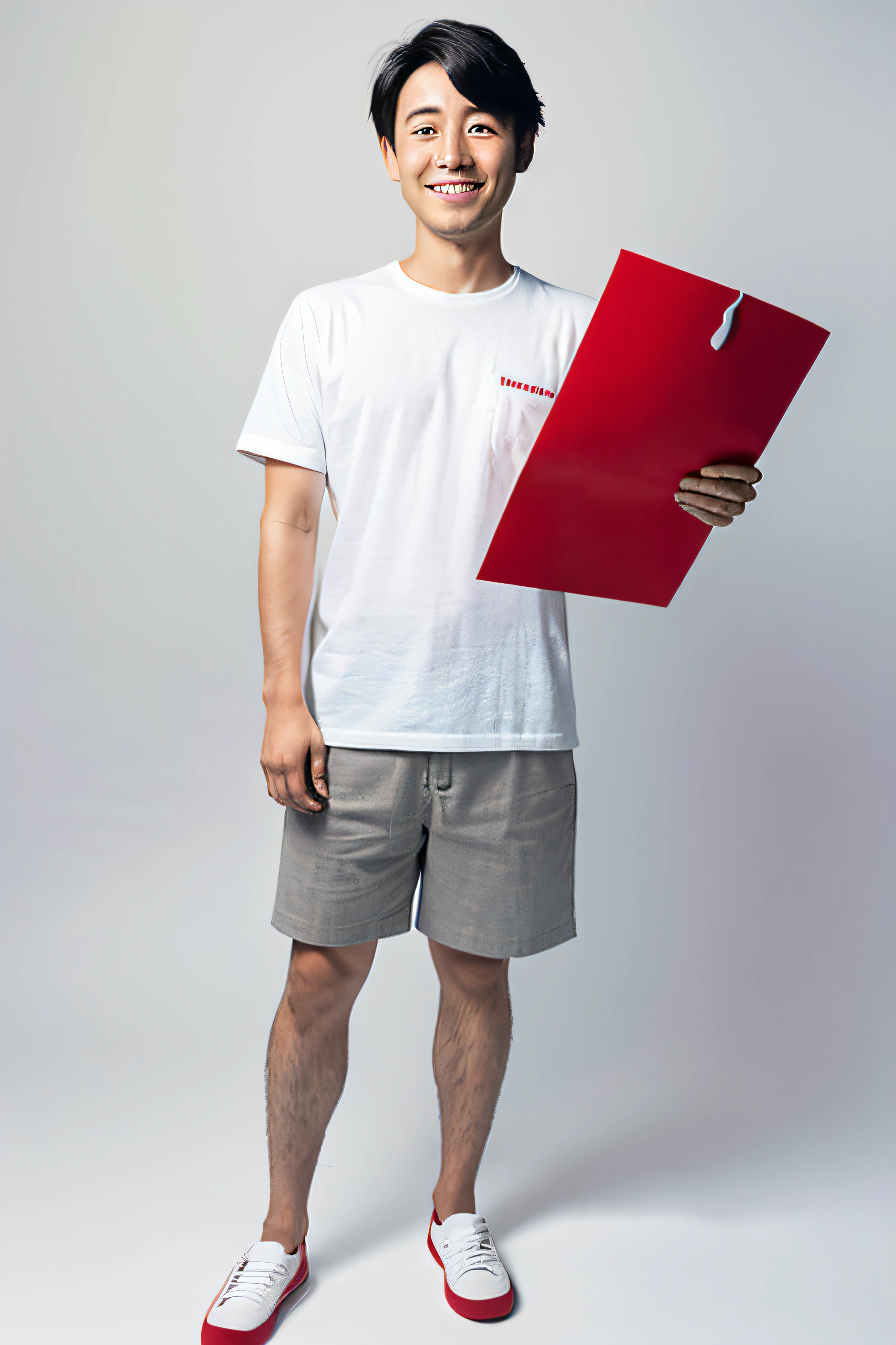 Wearing a white Y-shirt、Holding a red paper crane、Full body photo of a 30-year-old Japan man with a warm smile on his face。 If the whole picture of him, including the legs、Appears on a transparent background。