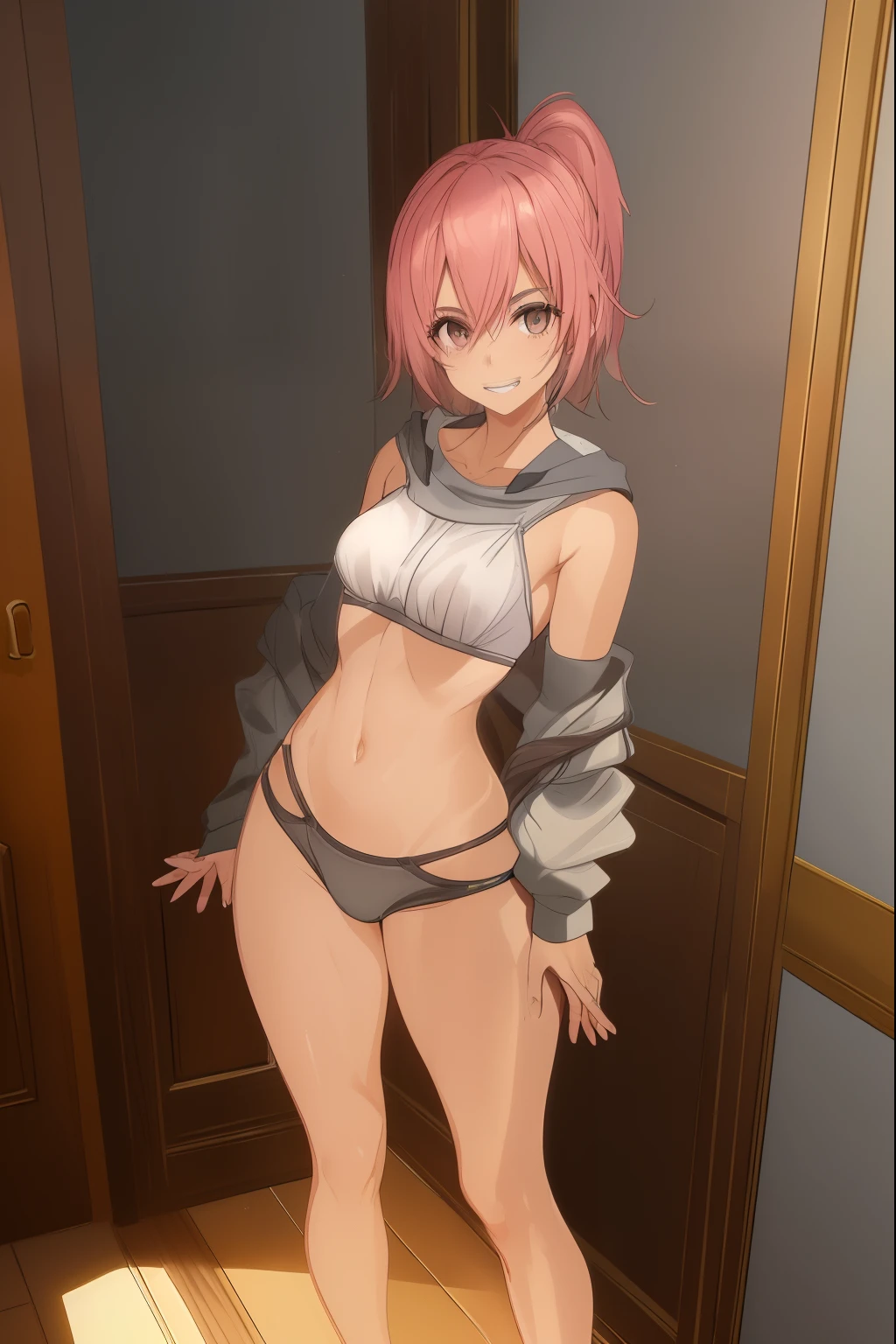 ((female)), (very messy hair), plaits, (sorriso feliz), Presas, ((abdominais rasgados)), Toned arms and legs, medium breasts, Sudorese excessiva, (bedroom setting), olhos azuis brilhantes, ((cabelo rosa)), barefoot, Standing, (((Facing me with his right hand touching it ))), ((usando apenas um fio dental)), looking at the camera