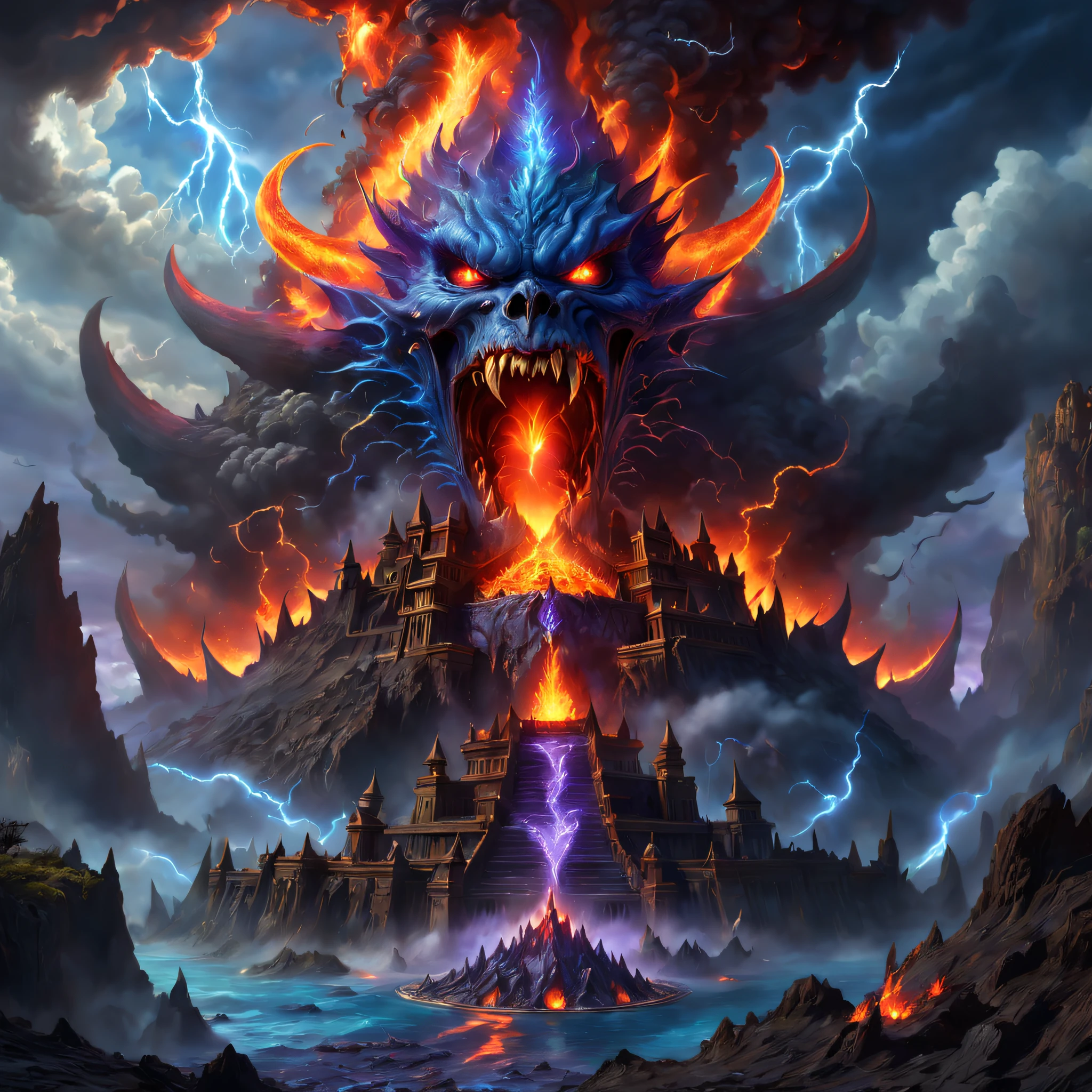 Doomsday landscape,a volcano erupts,Flame sputtering,blasts,molten lava,A devil's face emerged from the smoke,Liquid lava,Fire Palace,Paired with purple and blue, fantasy highly detailed, With gorgeous magic lightning rings, magia, beautiful detailed fantasy, hyper-high detail, , magic fantasy highly detailed, stuning fantasy 3 d render, Inspired by L. Highly detailed aesthetics, hyper-high detail