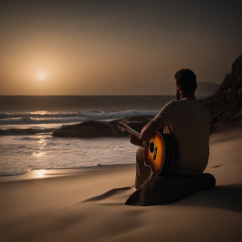 homem, noite escura, playing the guitar, sentado na areia da praia, with a sad expression, uma lua gigantesca no fundo da imagem, noite estrelada, dramatic atmosphere, melancholic vibes, praia deserta e sombria, A hint of mist in the air, Soft sands sinking under the weight of thoughts --best quality --8K --ultra detailed --realistic --photorealistic