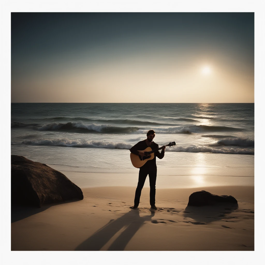 homem, noite escura, playing the guitar, sentado na areia da praia, with a sad expression, uma lua gigantesca no fundo da imagem, noite estrelada, dramatic atmosphere, melancholic vibes, praia deserta e sombria, A hint of mist in the air, Soft sands sinking under the weight of thoughts --best quality --8K --ultra detailed --realistic --photorealistic