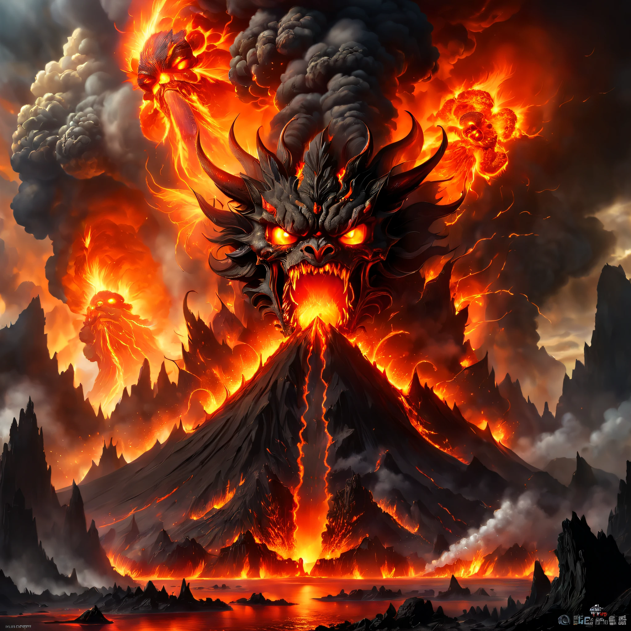 Doomsday landscape,Huge volcanic eruptions,Flame sputtering,molten lava,erupting,A demon's face emerged from the thick smoke,Nuclear barrage,Liquid lava,hydrosphere,Fire Palace,(illustratio:1.0)、Epic composition、Realistic lighting、high definition detail、tmasterpiece、Best quality,(非常详细的 CG 统一 8k 壁纸)