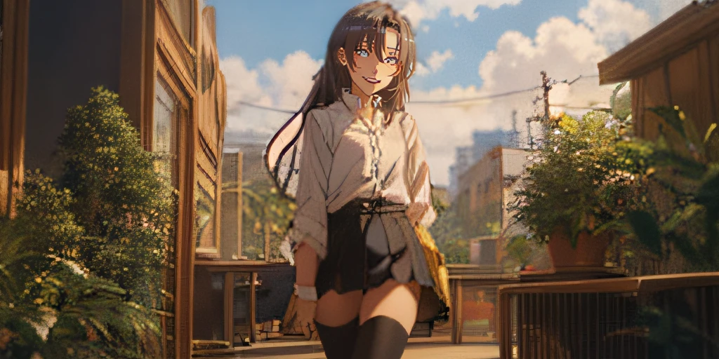 1girl, long purple hair, red eyes, wearing plain white button-down shirt, white thigh high stockings,
short black skirt, city, absurdres, high res, ultrasharp, 8K, masterpiece, looking at sky