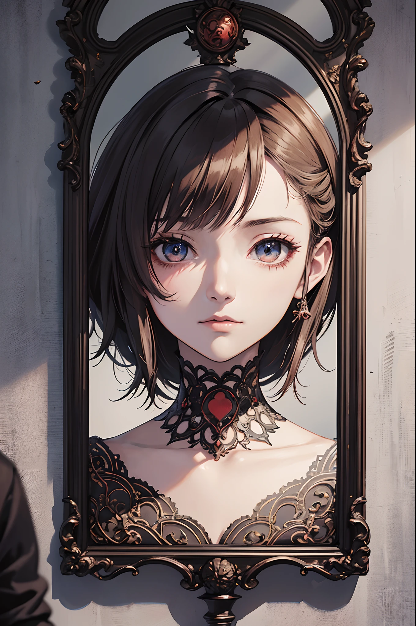 Intricate details,Anime a poster, ((Masterpiece,Best quality)), ((Cinematic light)), Hell in the mirror, Scary,Horror anime \(Style\), the cherry trees,Gloomy atmosphere,Detailed background, Beautiful detailed eyes,railgun,fire a volley of electric shocks, --auto