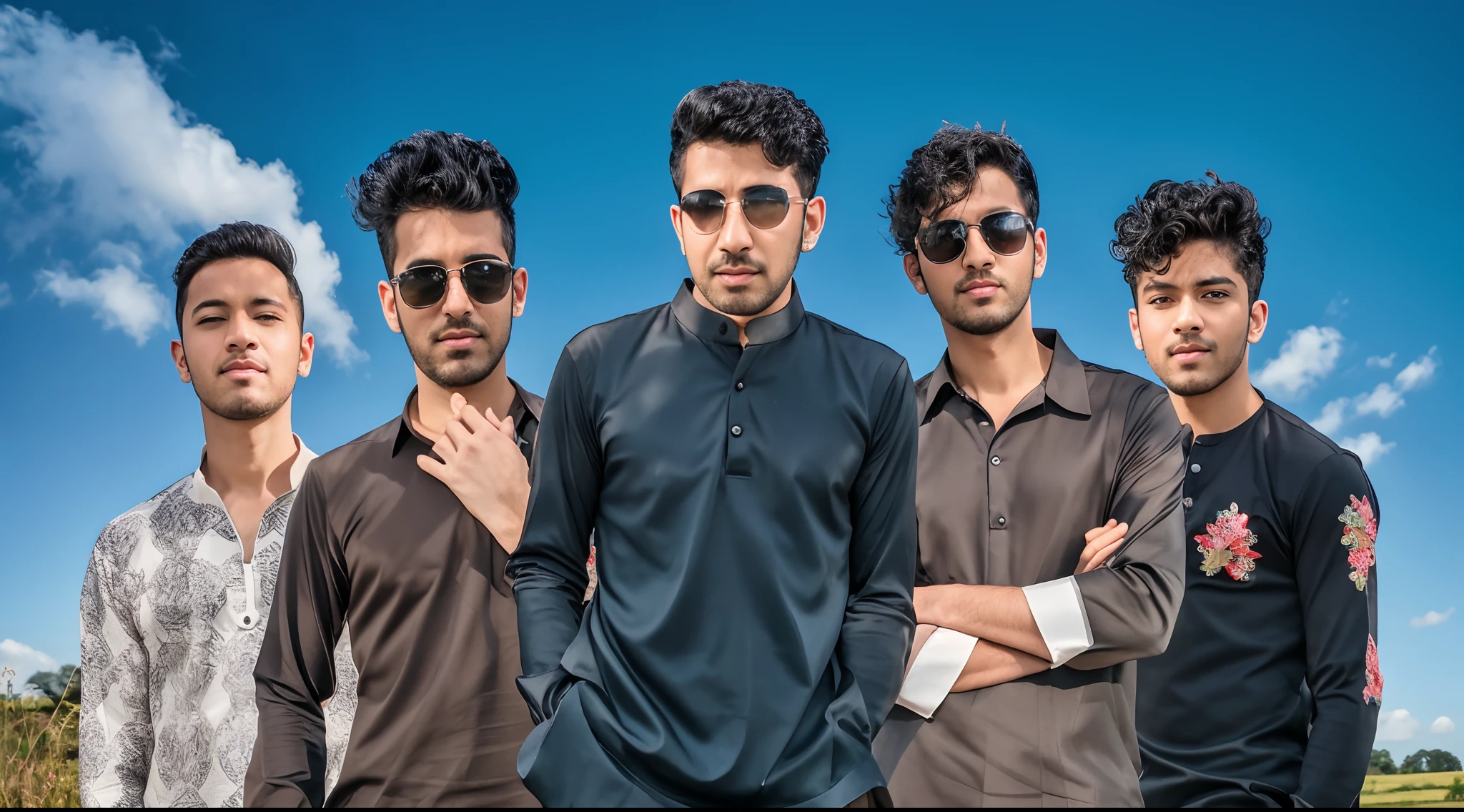 arafed image of a group of men standing in a field, wearing a kurta, wallpaper - 1 0 2 4, stylish pose, profile pic, cute boys, assamese aesthetic, with a cool pose, men look up at the sky, band promo, music video, gen z, high quality portrait, profile picture 1024px, portrait shot