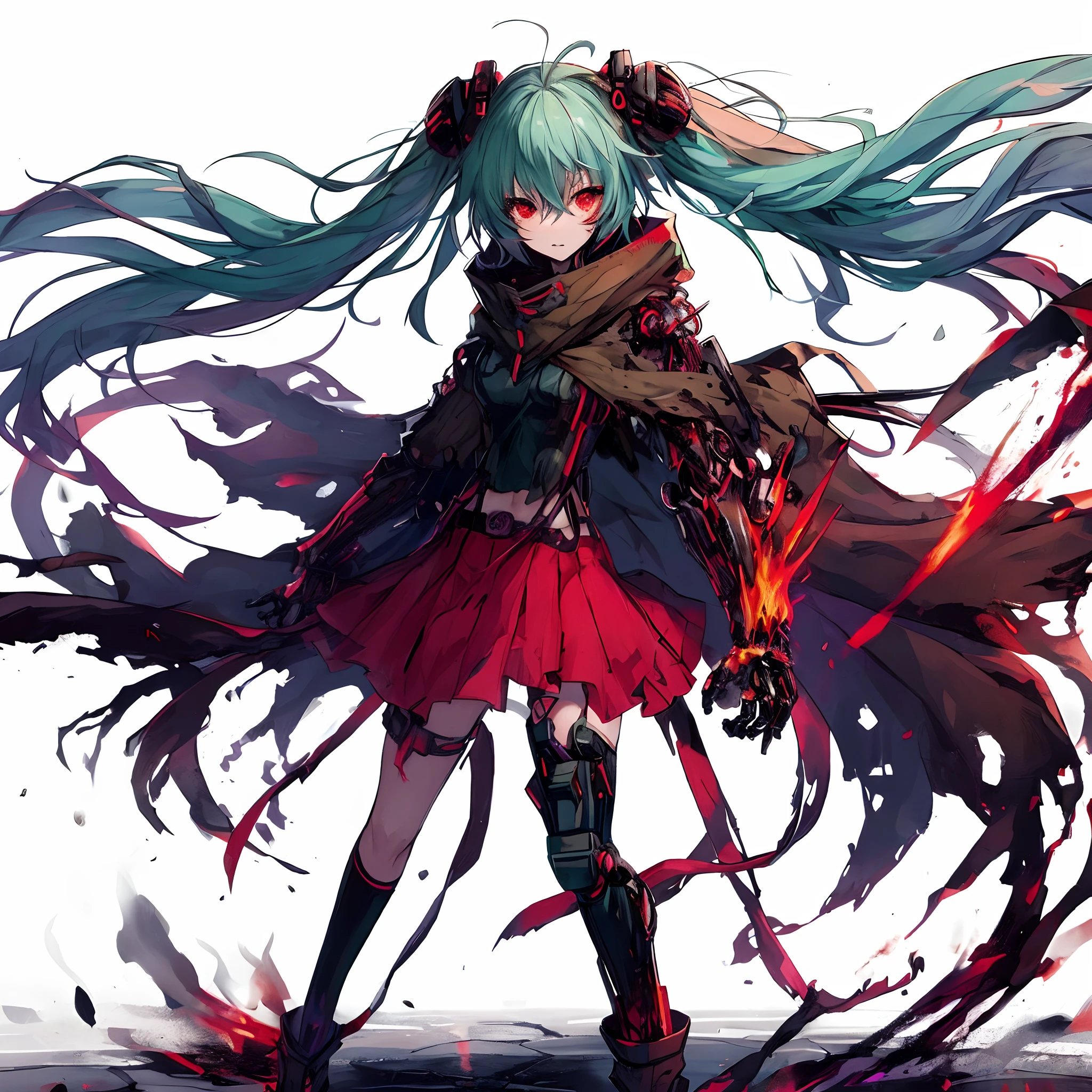 (masutepiece, Best Quality), (Perfect athlete body:1.2), (detailed hairs), Ultra-detailed, Anime style, Full body, Cyberpunk Girl, Sea green twin-tailed hairstyle and red eyes, Wearing a shabby cloak and red skirt, Burnt mechanical limbs, Black and Purple Flaming Fist, Standing in the wasteland, Wearing long boots, Digital Painting, 8K High Resolution, Whole body, White background, Dynamic Poses