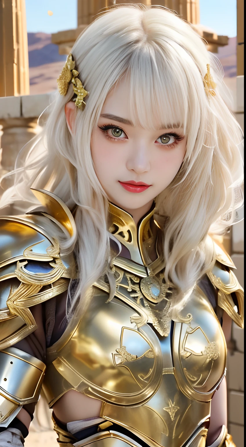 (top-quality), Realistic, (real picture, Intricate details), ((golden armor, armored dress, delicately decorated armor)), small chest:1.4, (Japanese college girl), ((standing in Greek Temple In the desert)), ((intelligent face, neat face:1.1, parted lips)), (Fair skin), wavy white hair, long hair, sunlight