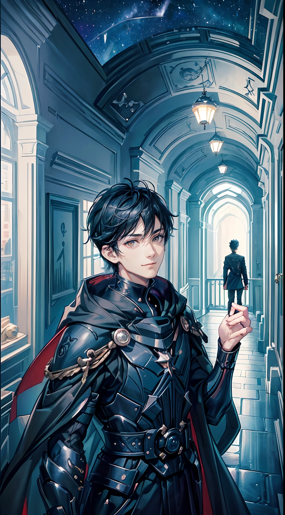 ((4K works))、​masterpiece、(top-quality)、One Beautiful Boy、Slim body、tall、((Attractive British style))、(Detailed beautiful eyes)、((mid night))、In the English corridor、Castle inhabited by villains、Black shop window、Corridor at night、((You can see the starry sky from the window))、((dark sky))、((English corridors))、((Shot in a corridor in England))、mid night、((Short-haired black hair))、((Smaller face))、((Wild face))、((White eyes))、((American adult male))、((Adult male 26 years old))、((Cool Men))、((Like a celebrity))、((Smiling expression))、((Korean Makeup))、((elongated and sharp eyes))、((Happy dating))、((boyish))、((Upper body photography))、Professional Photos、((Shot alone))、((Shot from diagonally in front))、((Shot in close proximity to him))、((Focus zoom in))、((He is standing in the hallway))