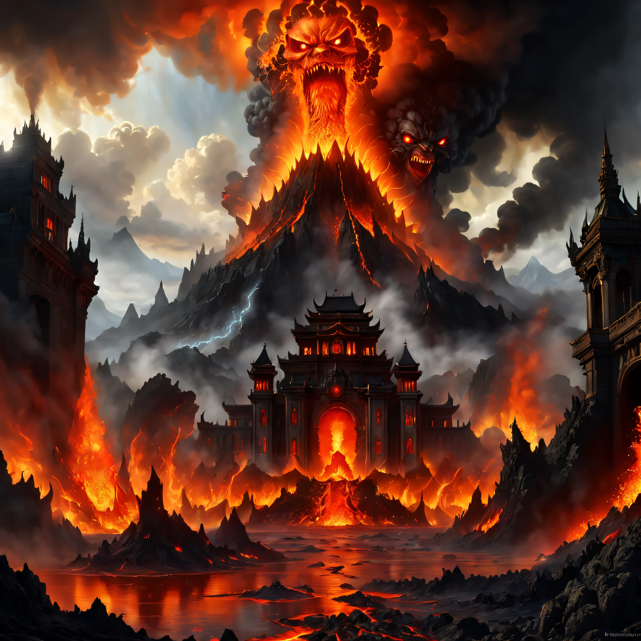 Doomsday landscape，Huge volcanic eruptions，Flame sputtering，molten lava，erupting，A demon's face emerged from the thick smoke，Nuclear barrage，Liquid lava，hydrosphere，Palace of Fire，goth castle，（illustratio：1.0）、Epic composition、Realistic lighting、high definition detail、tmasterpiece、Best quality，（非常详细的 CG 统一 8k 壁纸）