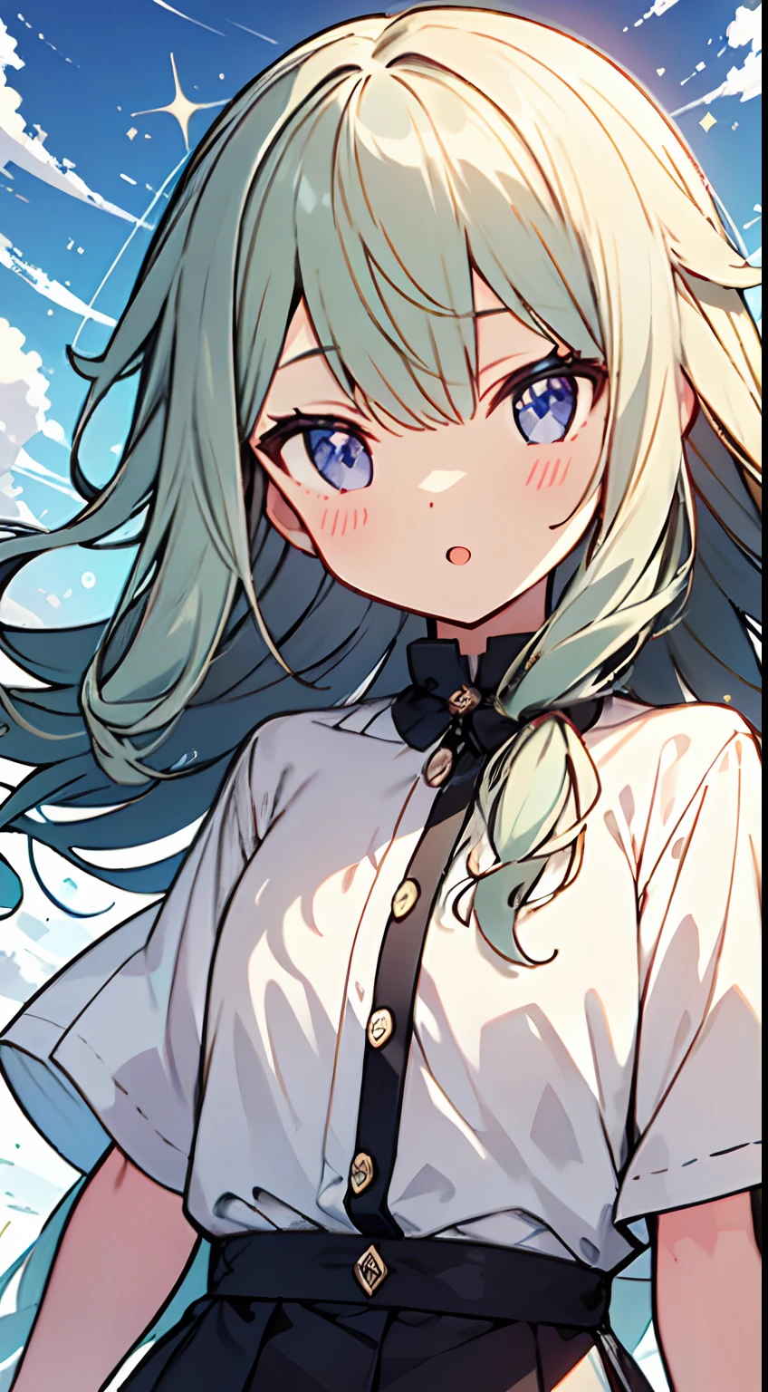 masuter piece, Best Quality,32K、Wallpaper, ultra -detail, Absurd beauty, 1Beautifulwoman、Big eyes with sparkly、Hair fluttering in the wind、:O、Smaller head、miscievous smile、Angle looking up from below:1.3、Angle from which you can see the whole body