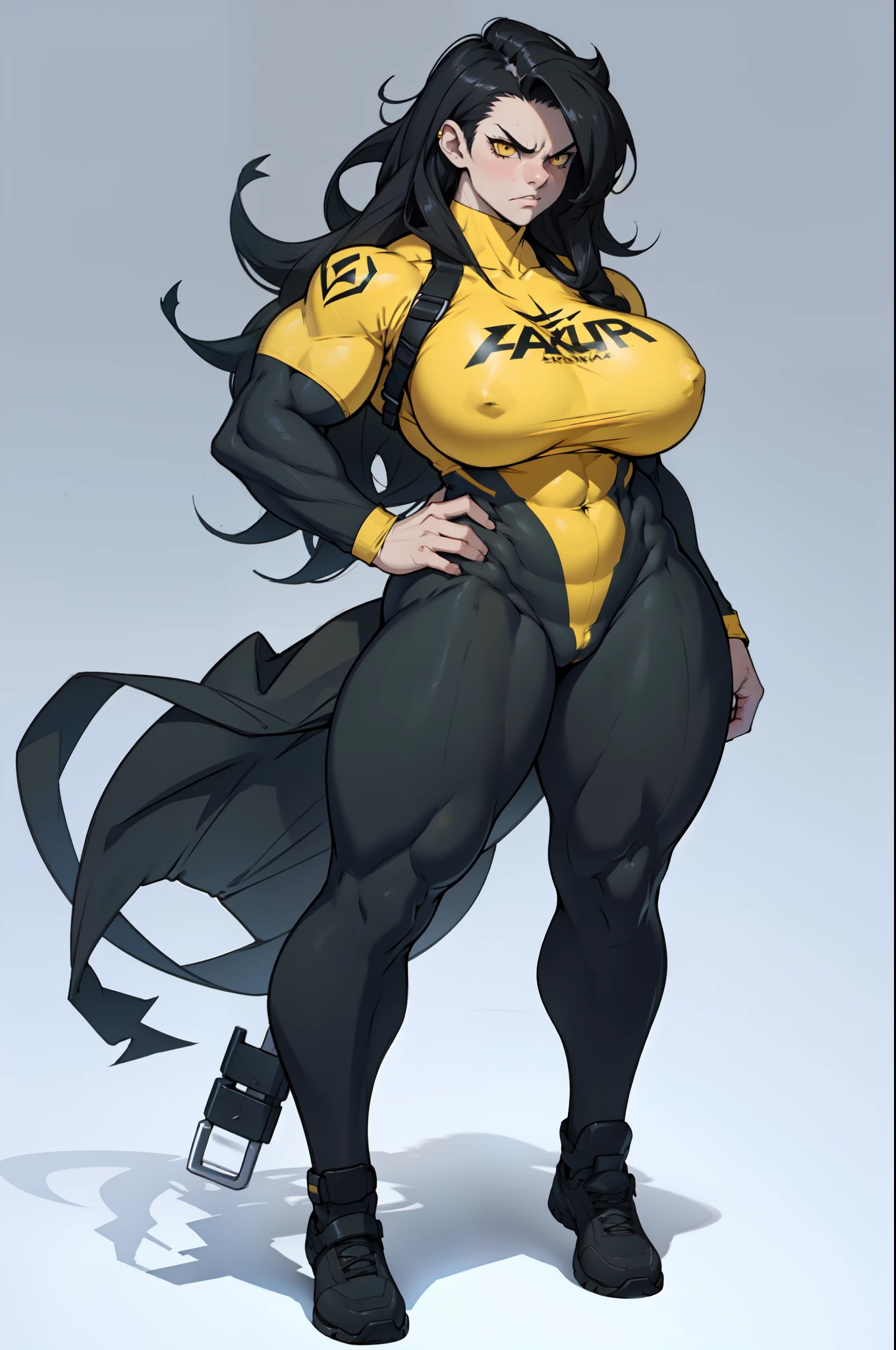 pale skin 1girl huge breasts bodybuilder muscular toned body wide hips curvy thick thighs black hair yellow eyes angry very long hair ((full body))