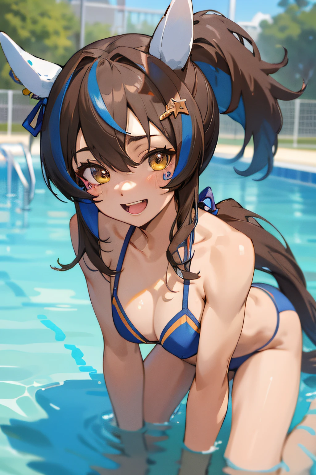 daitaku helios \(umamusme\), ((ultra-detailed face)), masterpiece, best quality, detailed eyes, official art(abs), muscular body, horse tail, wallpaper, (bikini), light smile, pool,open mouth