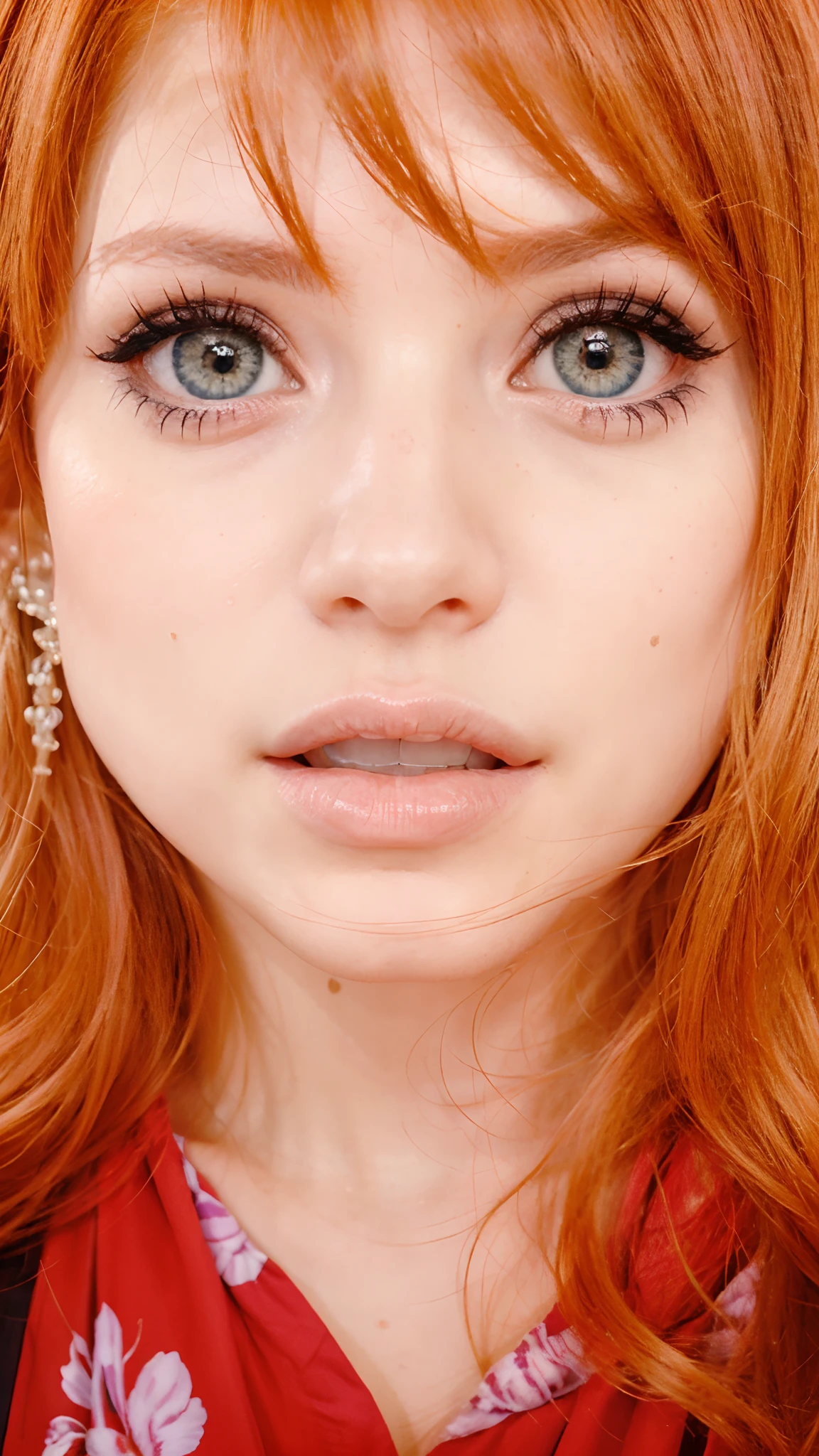 Fotografia extremamente realista, muito linda, ruiva, sexy, olhos lindos, boca linda
