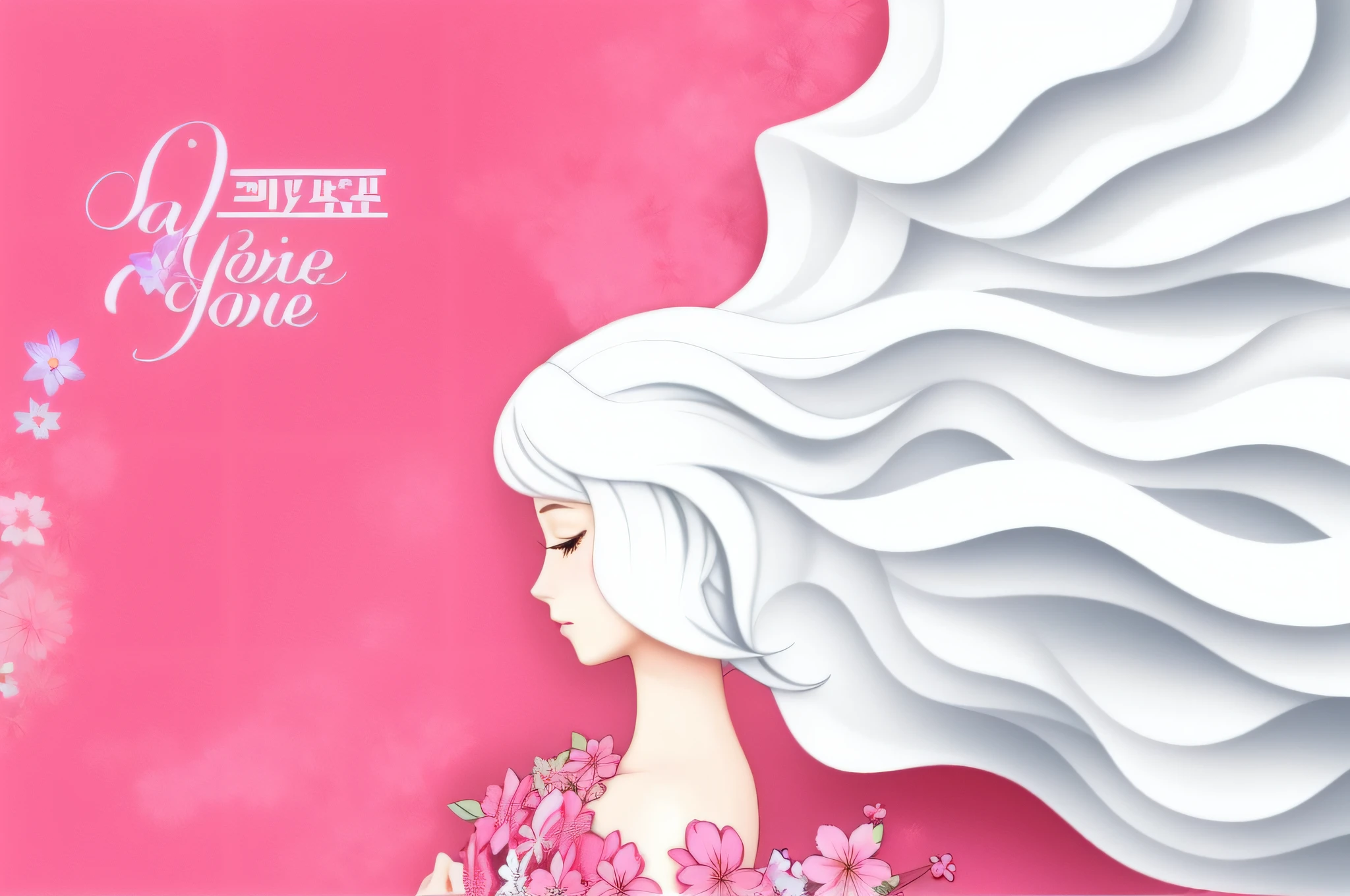 blue backgroud ,a woman with long hair and flowers on a pink background, perky woman made of petals, jen bartel, she is happy, illustration!, a woman's profile, by Gwen Barnard, woman in flowers, holiday season, woman silhouette, digital art - w 700, blue background, - h 8 5 0 - w 6 0 0, woman's profile