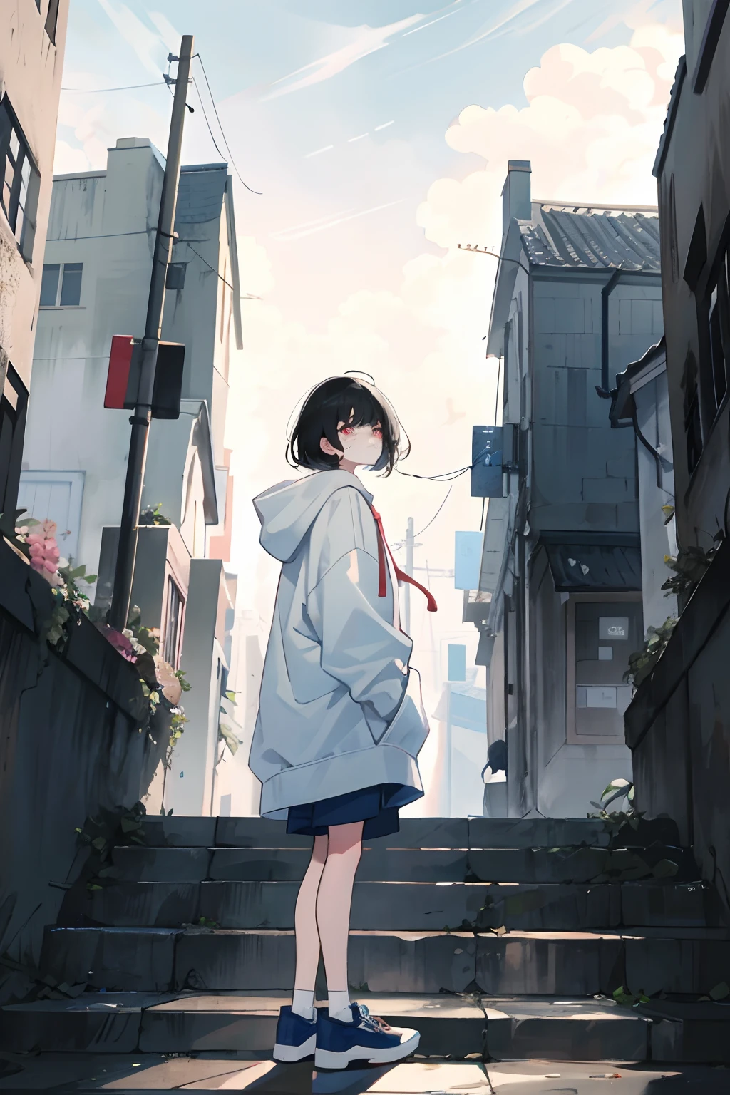 tmasterpiece,best qualityer,ultra - detailed,illustratio,White hoodie,(Impresionismo:1.4),with short black hair,disheveled bangs,Head to side,exhausted face,A sad expression,Far-lens field of view,with short white hair,Shabby stone steps,Gloomy weather,vintagestyle,Stand with your back to the audience,Place your hands on your back,messy hair,whaite hair,red pupils