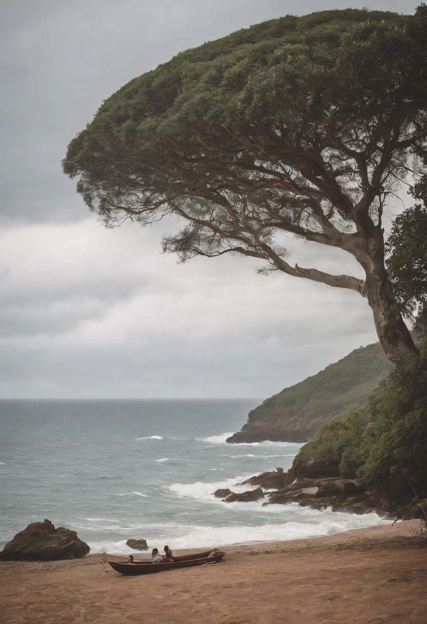 imagem em alta qualidade, A sea in the immensity, An image in the immensity with trees and forests that form a heart and in the center, a direita um barco guiado por um poeta, mar de sangue, poeta sobre a maresia de um mar de sangue, mar grande, poeta escrevendo, homem escrevendo, home no barco escrevendo, mar