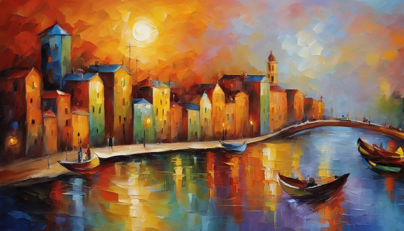 Painting of a city with boats on the water at sunset - SeaArt AI