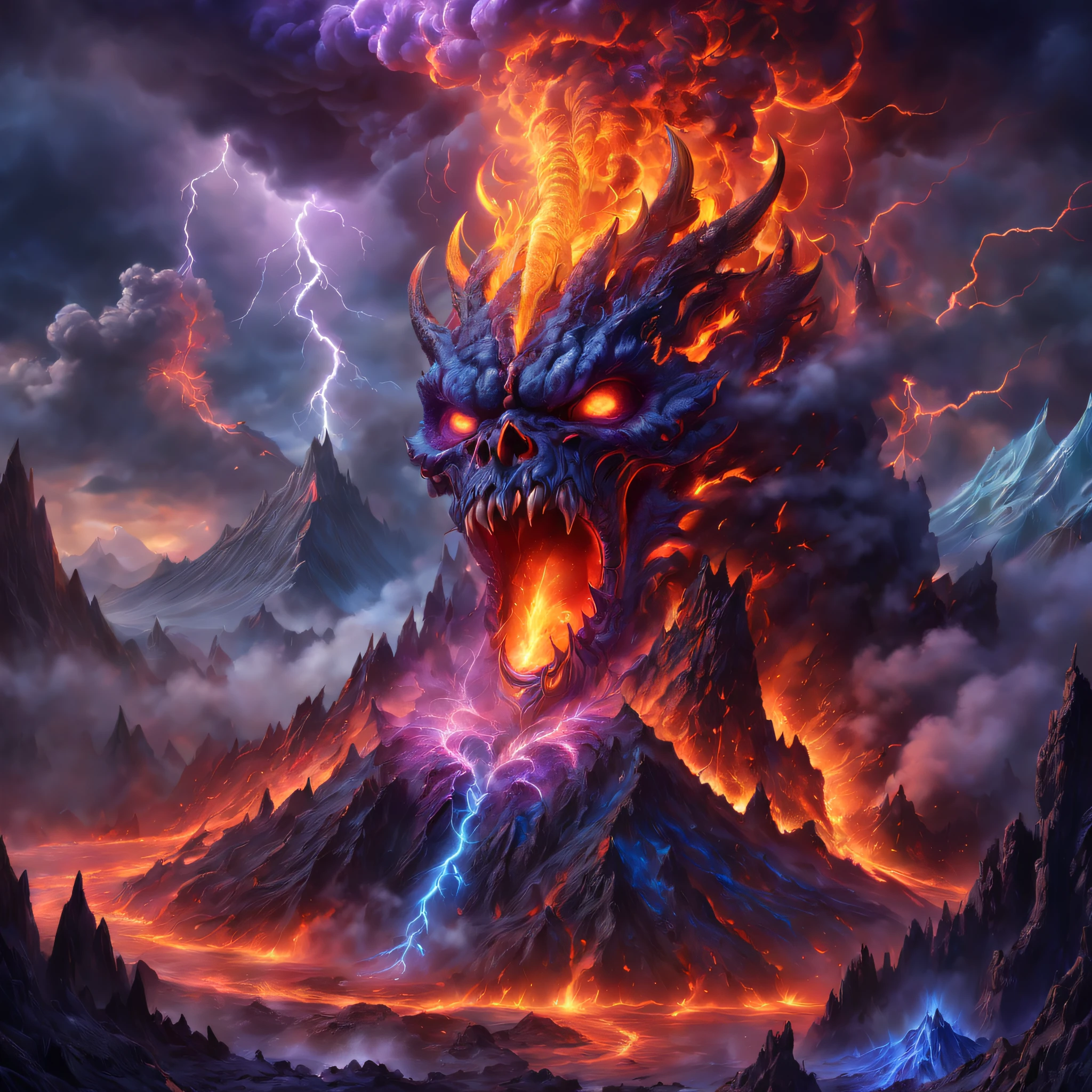 Doomsday landscape，a volcano erupts，Flame sputtering，blasts，molten lava，A devil's face emerged from the smoke，Liquid lava，Paired with purple and blue, fantasy highly detailed, With gorgeous magic lightning rings, magia, beautiful detailed fantasy, hyper-high detail, , magic fantasy highly detailed, stuning fantasy 3 d render, Inspired by L. Highly detailed aesthetics, hyper-high detail