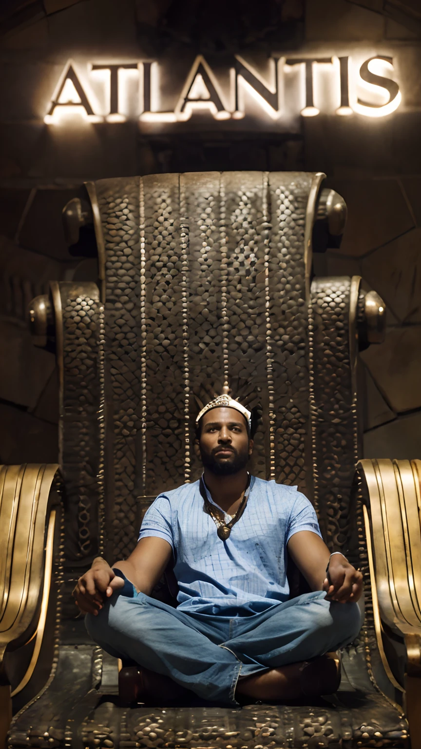 An Atlantis King Sitting in the throne with perfect body aand Beared