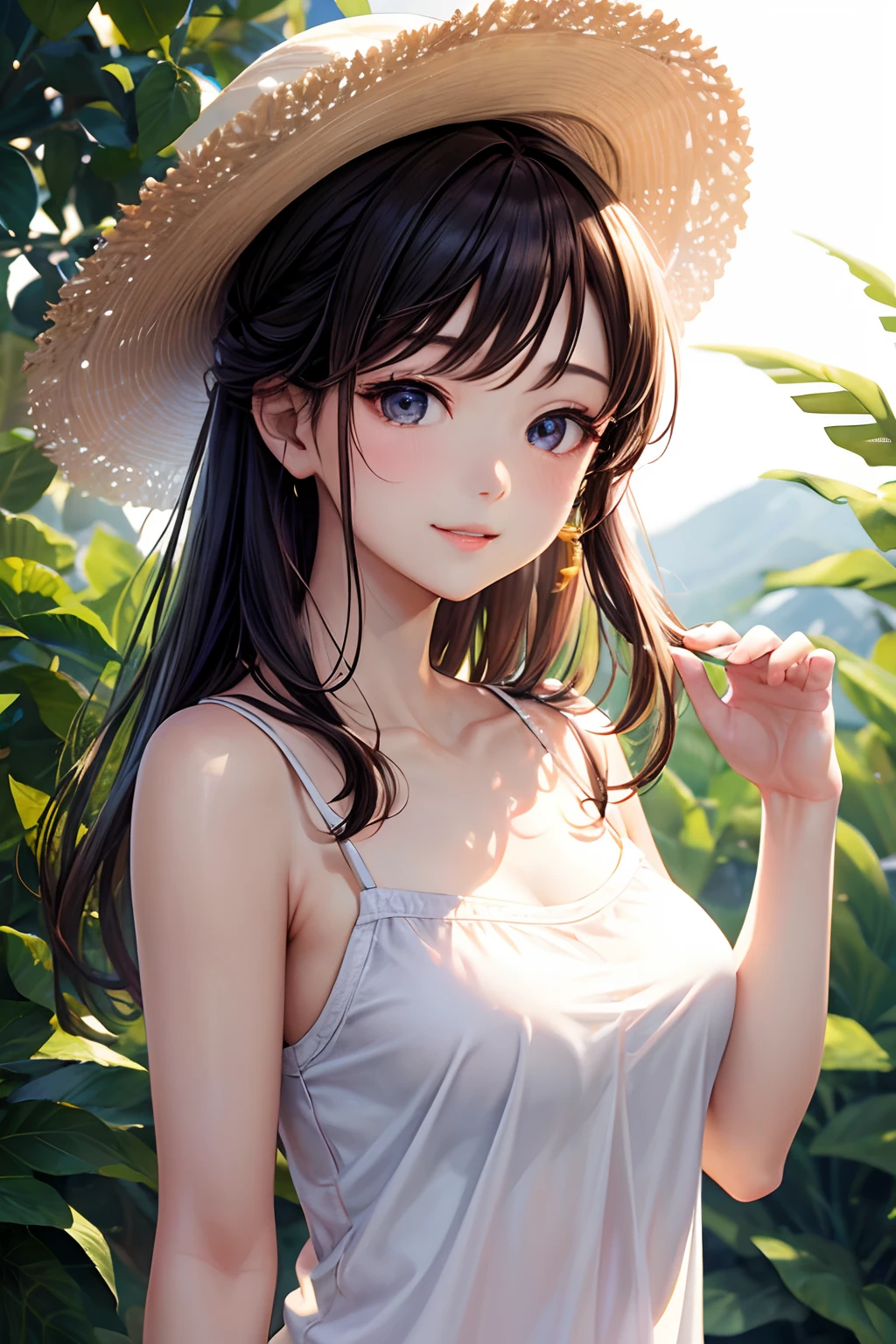masterpiece, top-quality,, 独奏 、 s lips,、ssmile,simple background:1.5、camisole、sun visor