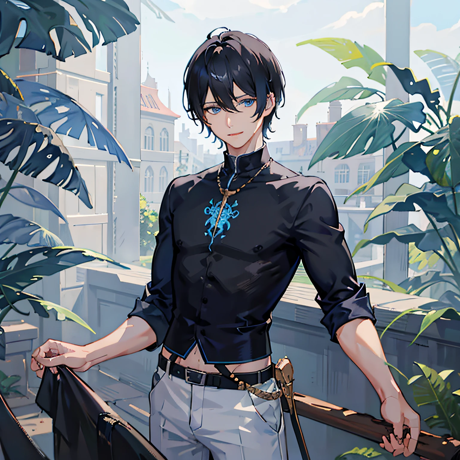 1boy, bangs, black short hair, blue shirt, blue eyes, hair between eyes, leaf, looking at viewer, male focus, pants, shirt, solo, white pants, trending on artstation, 8k resolution, highly detailed, anatomically correct, sharp image, digital painting, concept art, trending on pixiv, smiling