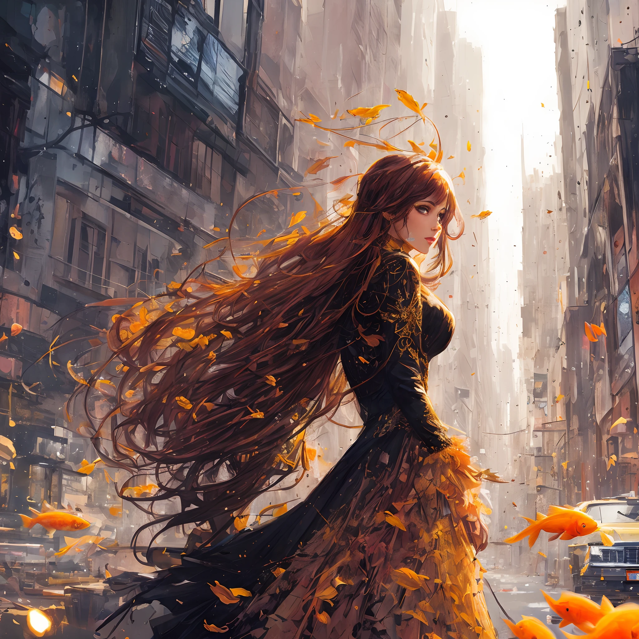 Delightful woman in light attire in the whole picture, Perfect centralization, Fantastic Black Gold Beam, rapture, Standing position, abstract beauty, Downtown, looking at the camera, facing the camera, On the way to perfection, dynamic, higly detailed, Smooth, Sharp focus, 8K, hight resolution, illustartion, art by Carne Griffiths and Wadim Kashin, Goldfish Characters
