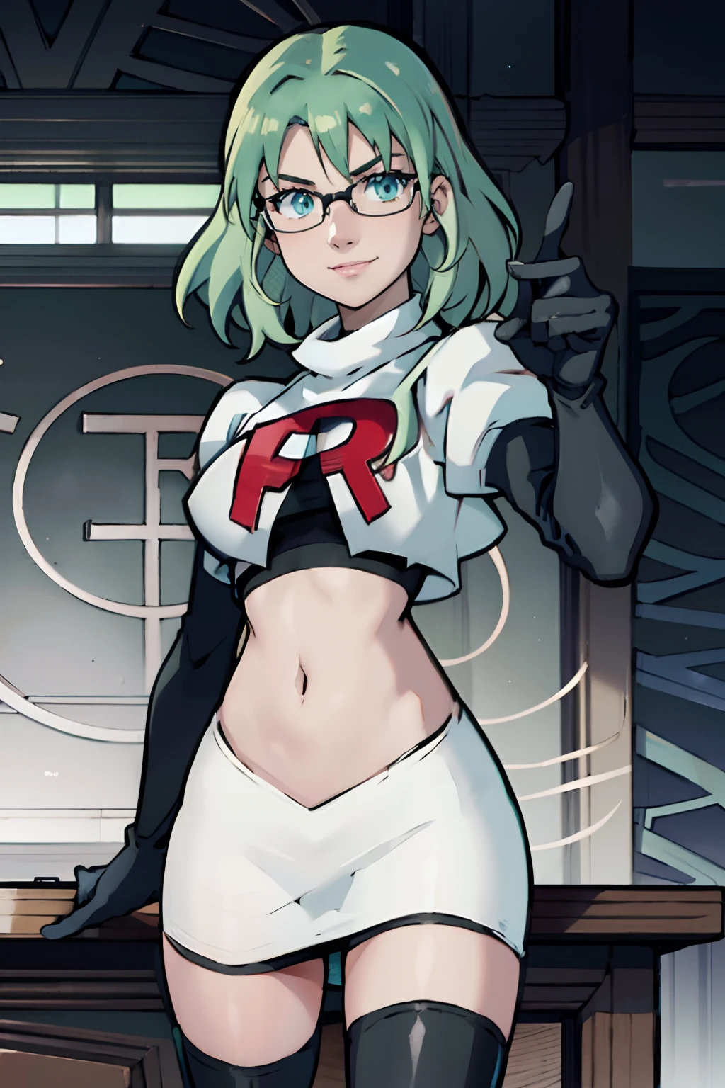 fembyleth, light green hair, glasses, team rocket,team rocket uniform, red letter R, white skirt,white crop top,black thigh-highs,black elbow gloves, warm smile, looking at viewer, ready to teach her lesson, Classroom, finger pointing at viewer, blackboard with lessons of team rocket