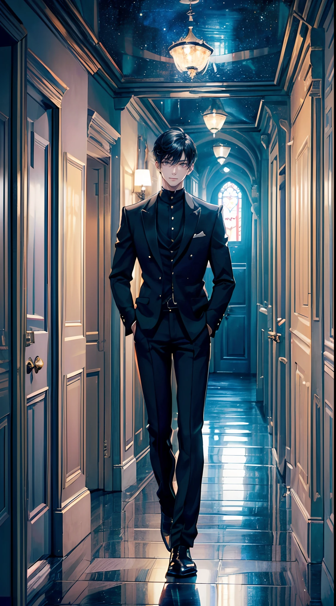 ((4K works))、​masterpiece、(top-quality)、One Beautiful Fallen Angel Boy、Slim body、tall、((Attractive British style))、(Detailed beautiful eyes)、((mid night))、In the English corridor、Castle inhabited by villains、Black shop window、Corridor at night、((You can see the starry sky from the window))、((dark sky))、((English corridors))、((Shot in a corridor in England))、mid night、((Short-haired black hair))、((Smaller face))、((Wild face))、((White eyes))、((American adult male))、((Adult male 26 years old))、((Cool Men))、((Like a celebrity))、((Smiling expression))、((Korean Makeup))、((elongated and sharp eyes))、((Happy dating))、((boyish))、((Upper body photography))、Professional Photos、((Shot alone))、((Shot from diagonally in front))、((Shot in close proximity to him))、((Focus zoom in))、((He is standing in the hallway))