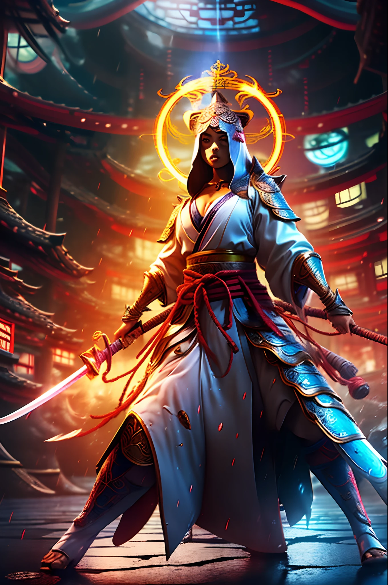 Tepu Sultan, a muslim warrior, in battlefield with his army best quality,masterpiece,ultra high res,(photorealistic:1.4) ,weapon,Detailed face, 1 men , solo, katana weapon, cleavage,(magic circle:1.2), full body, oni mask, east asian architecture,sheath,architecture, samurai, japan, wearing steel armor, carry a long sword, medival, fantasy, high quality, ultra detailed in 4k, 8k, high resolution, fantasy coverart style, fantasy japan medival, sharp focus, depth of field. neutral colors:1.2), (hdr:1.4), (muted colors:1.2), hyperdetailed, (artstation:1.4), cinematic, warm lights, dramatic light, (intricate details:1.1), complex background, (rutkowski:0.66), (teal and orange:0.4)",soft glow, magic splatter, (Tyler jacobson:1.4) fantasy style, clean art, shaded flat illustration, digital art, misty rain, misty weather