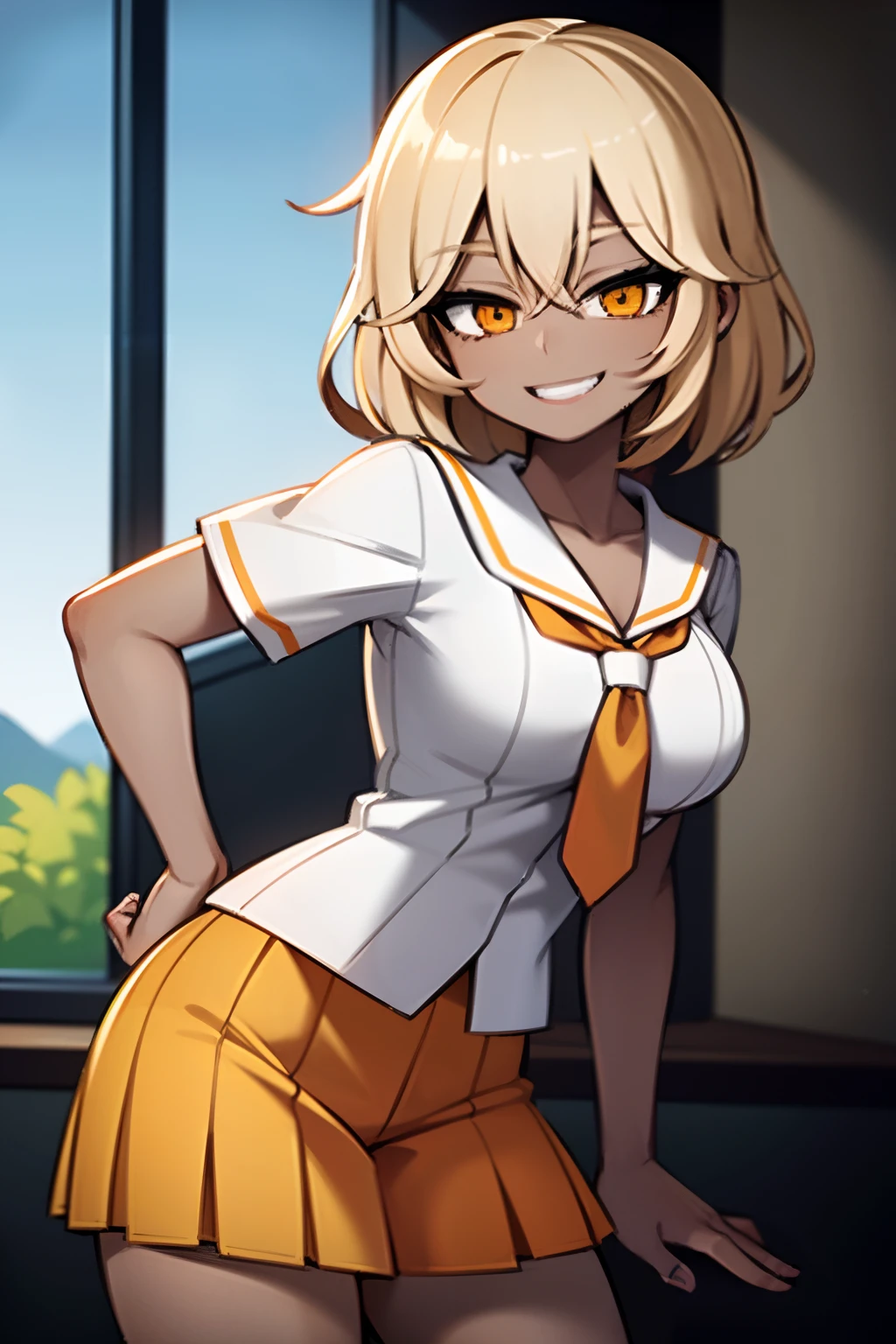 (best quality,4k,highres),garota,dark skin,Gyaru,blonde hair,orange eyes,japanese school uniform,smiling,in a school