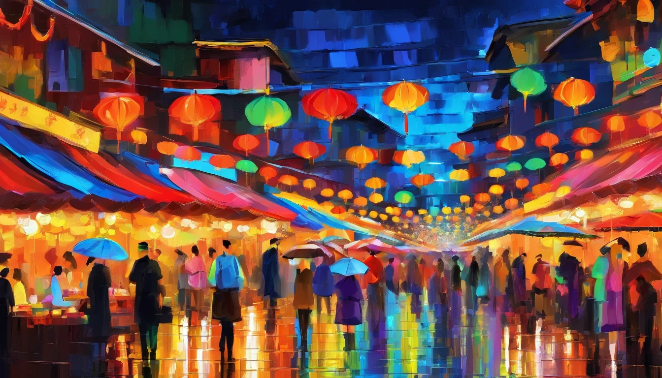 Night market from Beijing, rainy season, Large colorful umbrellas at the night market, People are buying and selling, Masterpiece oil painting, impasto painting.