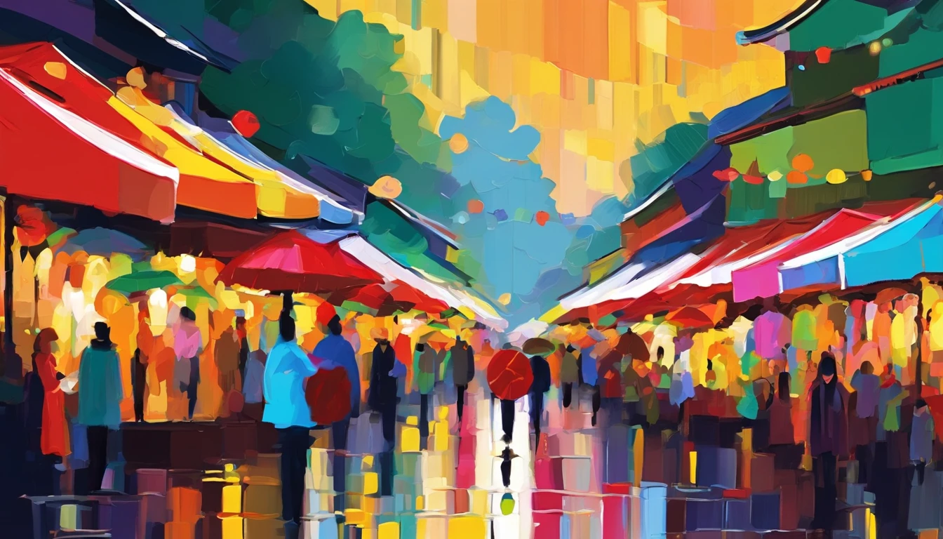 Night market from Beijing, rainy season, Large colorful umbrellas at the night market, People are buying and selling, Masterpiece oil painting, impasto painting.