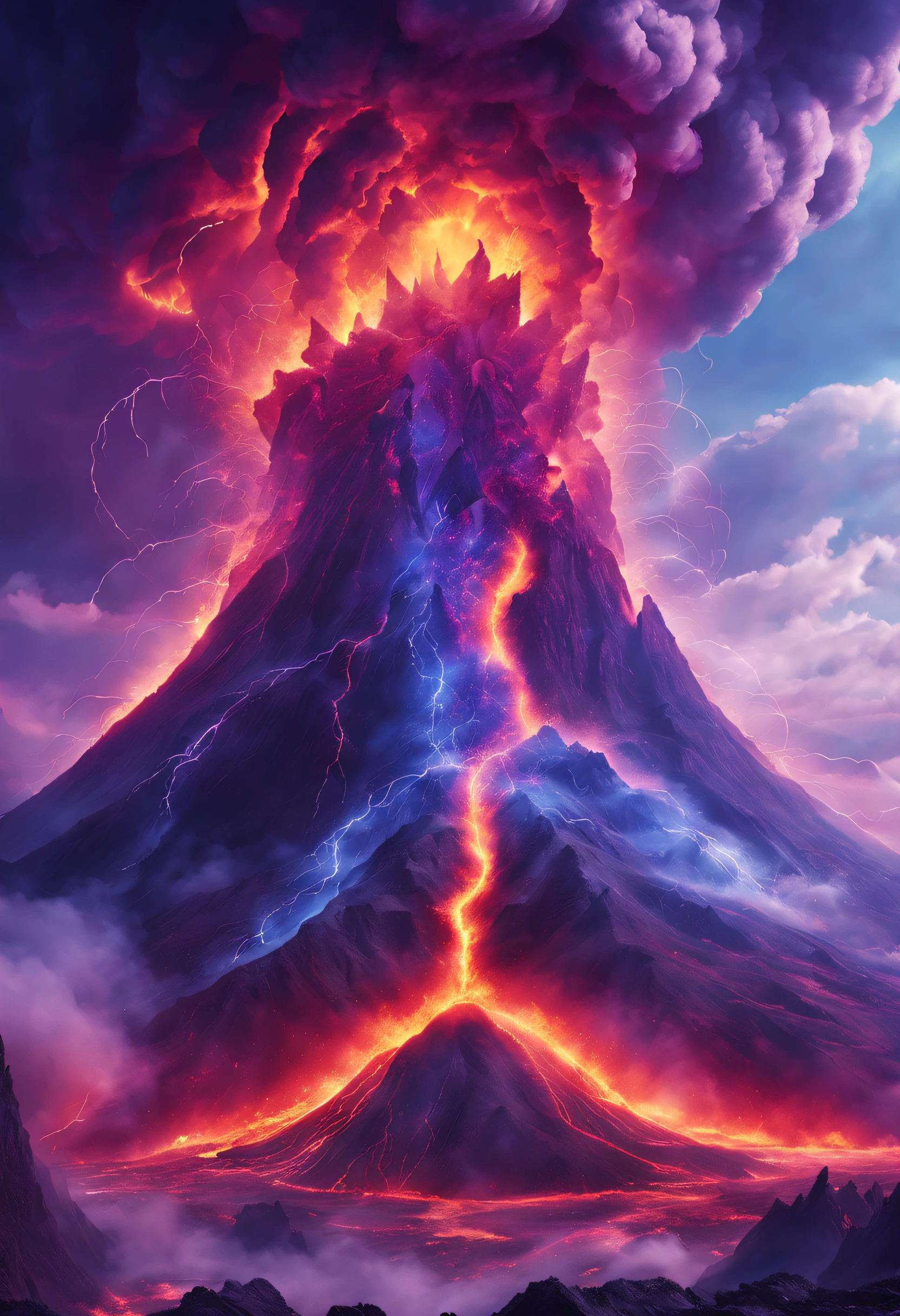 Doomsday landscape，a volcano erupts，Flame sputtering，blasts，molten lava，A devil's face emerged from the smoke，Liquid lava，Paired with purple and blue, fantasy highly detailed, With gorgeous magic lightning rings, magia, beautiful detailed fantasy, hyper-high detail, , magic fantasy highly detailed, stuning fantasy 3 d render, Inspired by L. Highly detailed aesthetics, hyper-high detail