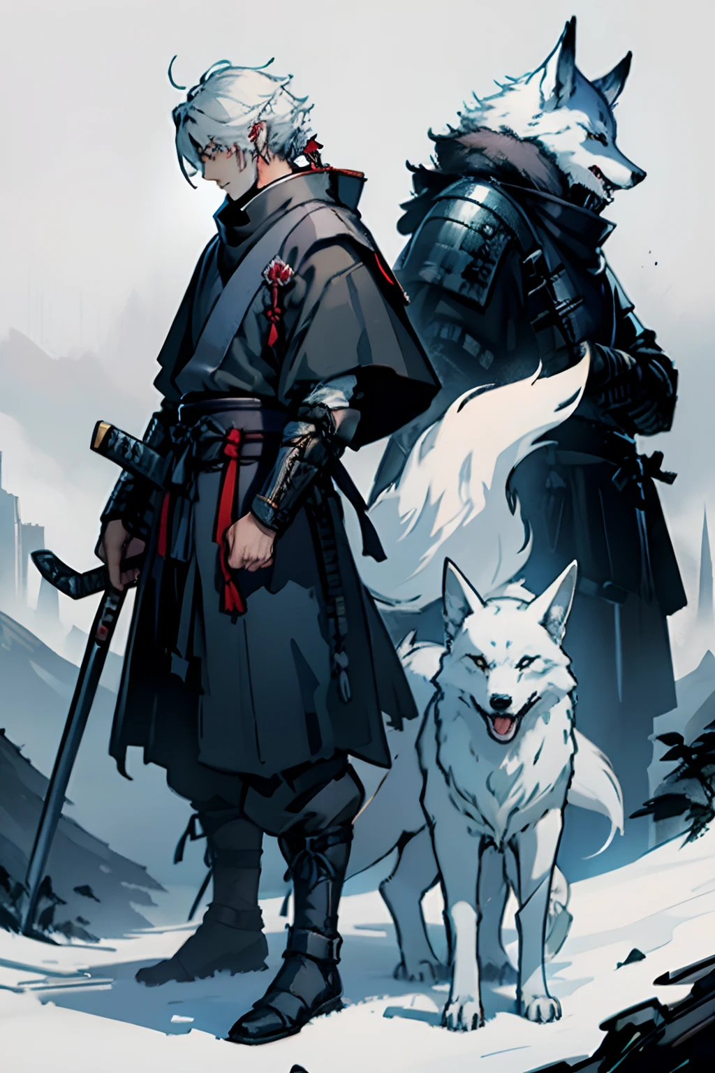 Pale samurai with a wolf by his side