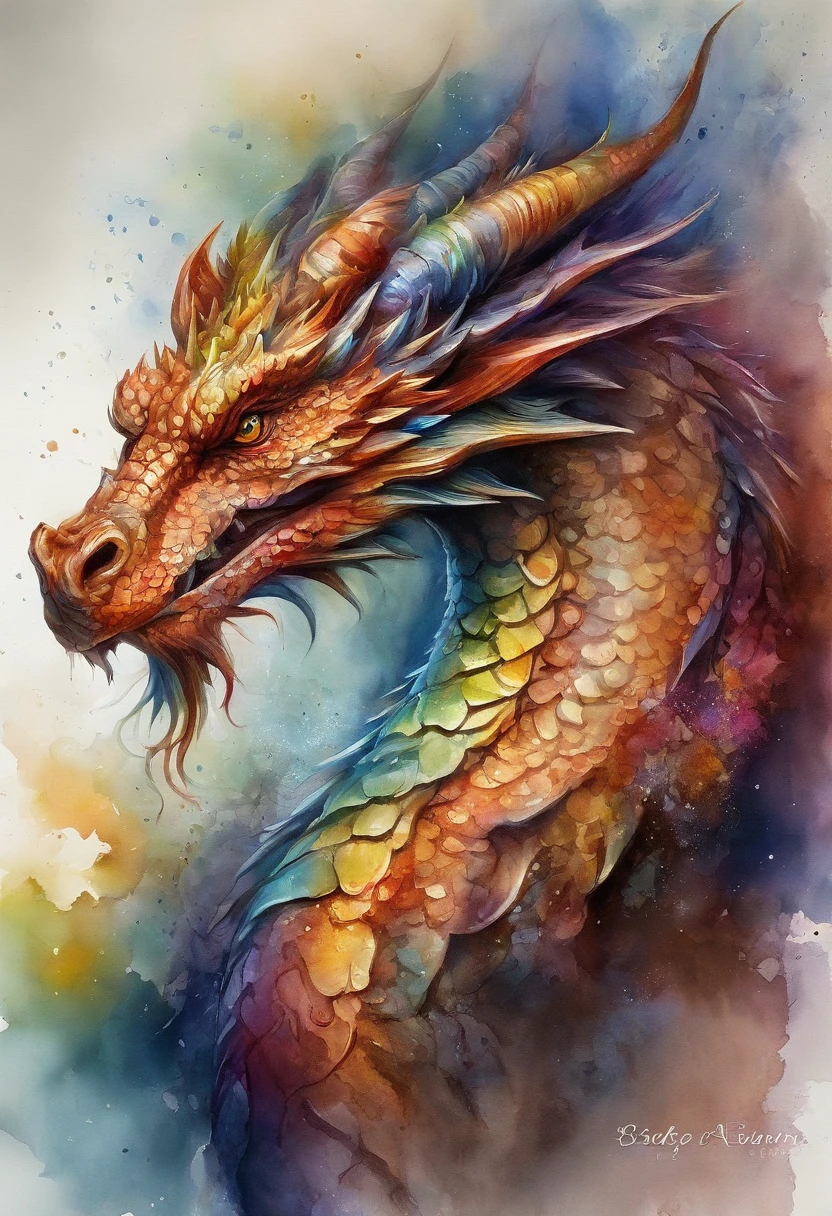In the world of watercolor,A majestic dragon stands tall and displays its brilliance。Its body looms,It's like coming from a myth and legend,Each piece of watercolor flows on the canvas,It seems to tell the power and mystery of the dragon。((s fractal art)),((tmasterpiece,best qualtiy,extremely detaile,超高分辨率,detailedbackground)),(((abstract backgrounds))),((a color)),blossoms