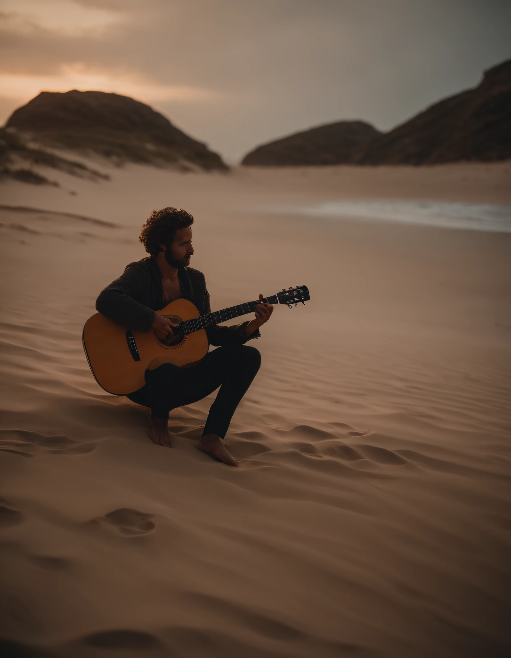 homem adulto, playing the guitar, linda noite, sentado na areia da praia, with a sad expression, uma lua gigantesca no fundo da imagem, noite estrelada, dramatic atmosphere, melancholic vibes, praia deserta e sombria, A hint of mist in the air, Soft sands sinking under the weight of thoughts --best quality --8K --ultra detailed --realistic --photorealistic