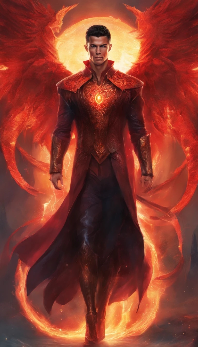 CRISTIANO RONALDO fuses Lucifer,red eyes,holding a black flame,thể other hand is tentacles,have demon wingers, Demon,hellfire power, shirtless, perfect body, background in hell,Messi kneels and scream behind