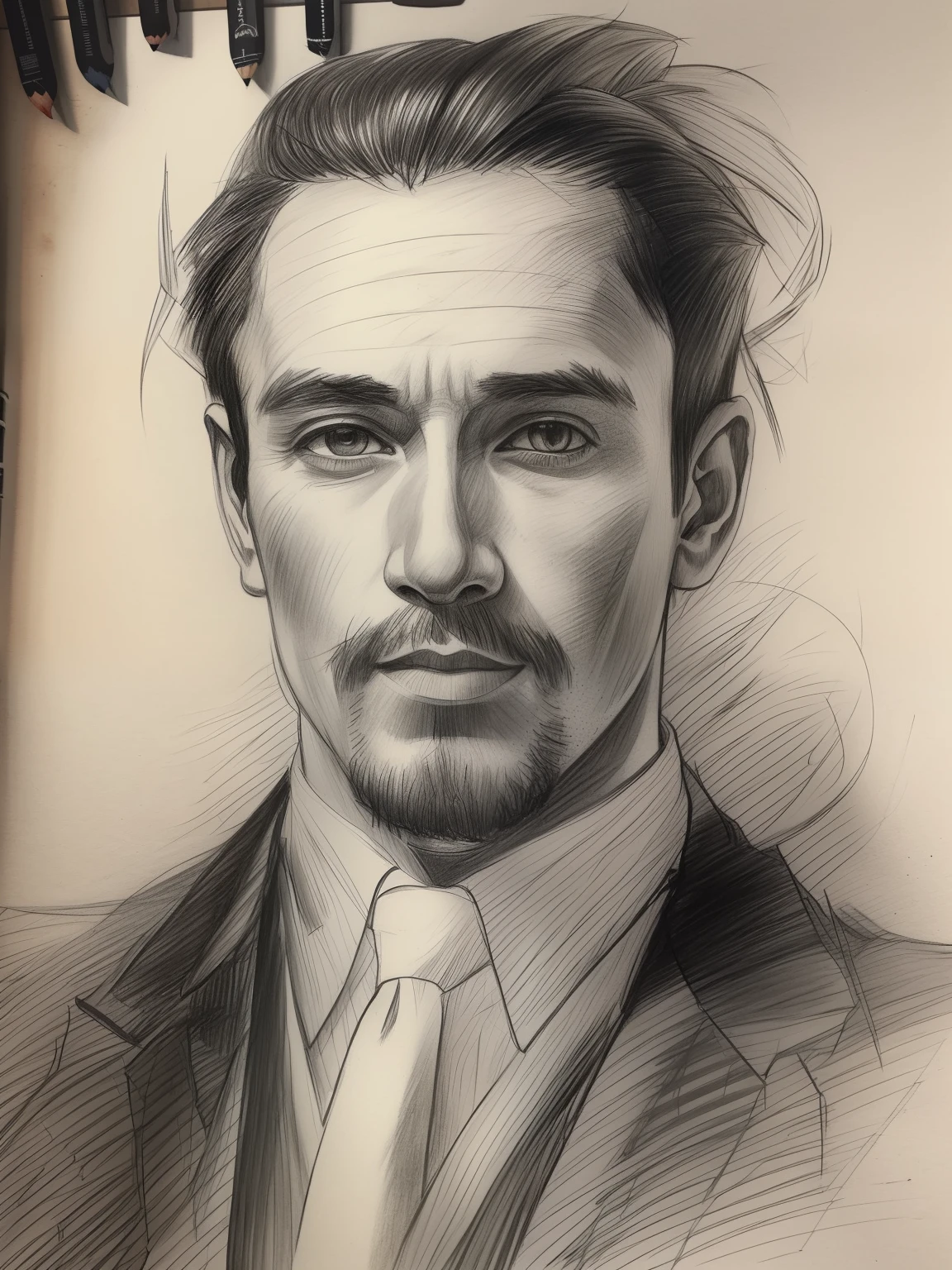 painting of a man, realistic sketch, hyperrealistic sketch, detailed pencil sketch, Pencil sketch, realistic digital drawing, detailed sketch drawing, highly detailed portrait, detailed 4 k drawing, pencil drawing, highly detailed sketch, Realistic drawing, extremely detailed portrait, detailed but rough, pencil drawing illustration, realism drawing, detailed sketch, sketch art,((High quality, Masterpiece:1.4)), 1 man, ((Upper body)), Portrait sketch, Messy drawings, Messy charcoal spots, Unfinished sketch, A sketchbook for a 26-year-old man，Painting in charcoal style, Sketchbook drawing, sketchbook, Beautiful hair, Wearing a black tuxedo, With white gloves，brush cut，burly build，Energetic，sharp looking eyes，The face is firm，bronze skin((Paper material background)), Realistic charcoal line, Imperfect drawing, Charcoal shavings, Charcoal production line, imperfections, Butler in black dress, , Realistic