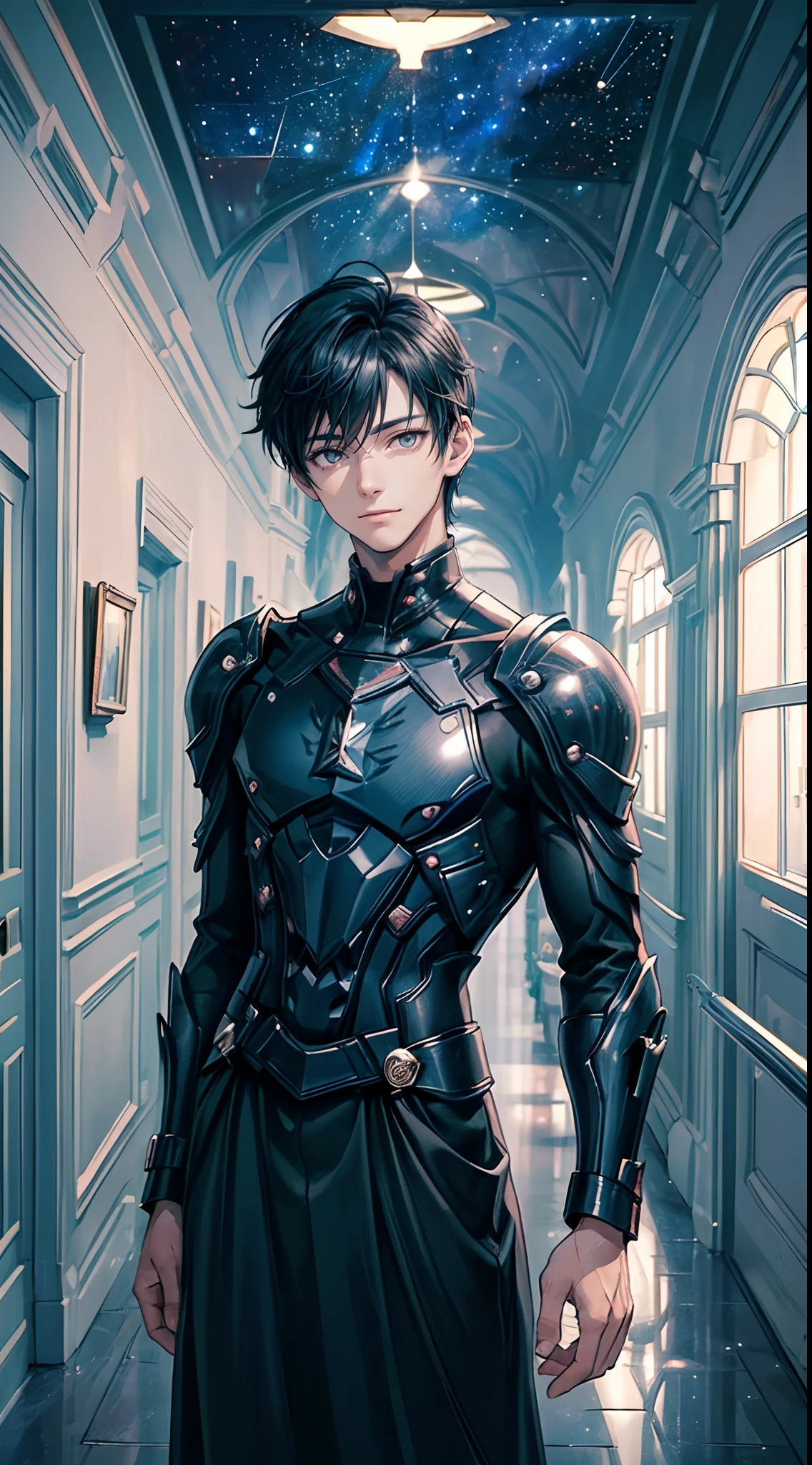 ((4K works))、​masterpiece、(top-quality)、One Beautiful Fallen Angel Boy、Slim body、tall、((Attractive British style))、(Detailed beautiful eyes)、((mid night))、In the English corridor、Castle inhabited by villains、Black shop window、Corridor at night、((You can see the starry sky from the window))、((dark sky))、((English corridors))、((Shot in a corridor in England))、mid night、((Short-haired black hair))、((Smaller face))、((Wild face))、((White eyes))、((American adult male))、((Adult male 26 years old))、((Cool Men))、((Like a celebrity))、((Smiling expression))、((Korean Makeup))、((elongated and sharp eyes))、((Happy dating))、((boyish))、((Upper body photography))、Professional Photos、((Shot alone))、((Shot from diagonally in front))、((Shot in close proximity to him))、((Focus zoom in))、((He is standing in the hallway))